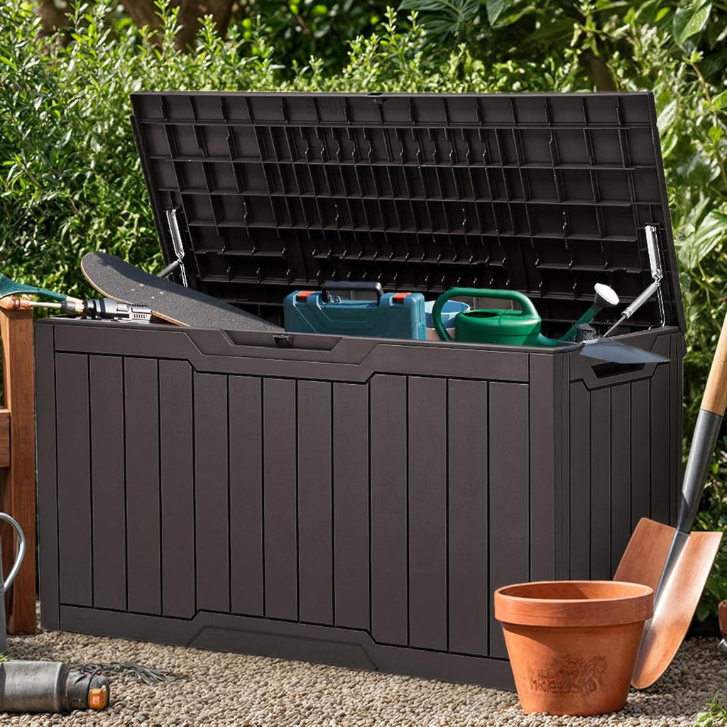 YITAHOME 100 Gallon Outdoor Storage Box, Large Water Resistant Resin Deck Box, Indoor Outdoor Lockable Storage Container for Patio, Garden, Cushions, Tools, Equipment (Dark Brown)