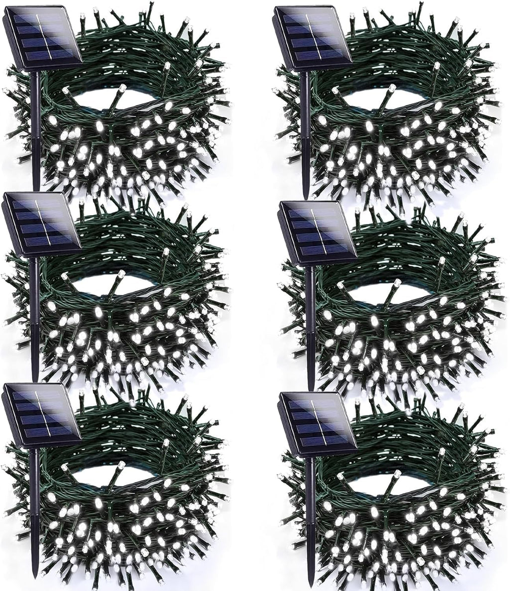 6pk Cool White Solar Christmas Lights Outdoor Waterproof, 600 LED 198FT Solar Powered LED String Lights Green Wire with 8 Modes, Solar Fairy Lights for Xmas Tree Party Wedding Garden Fence Decorations