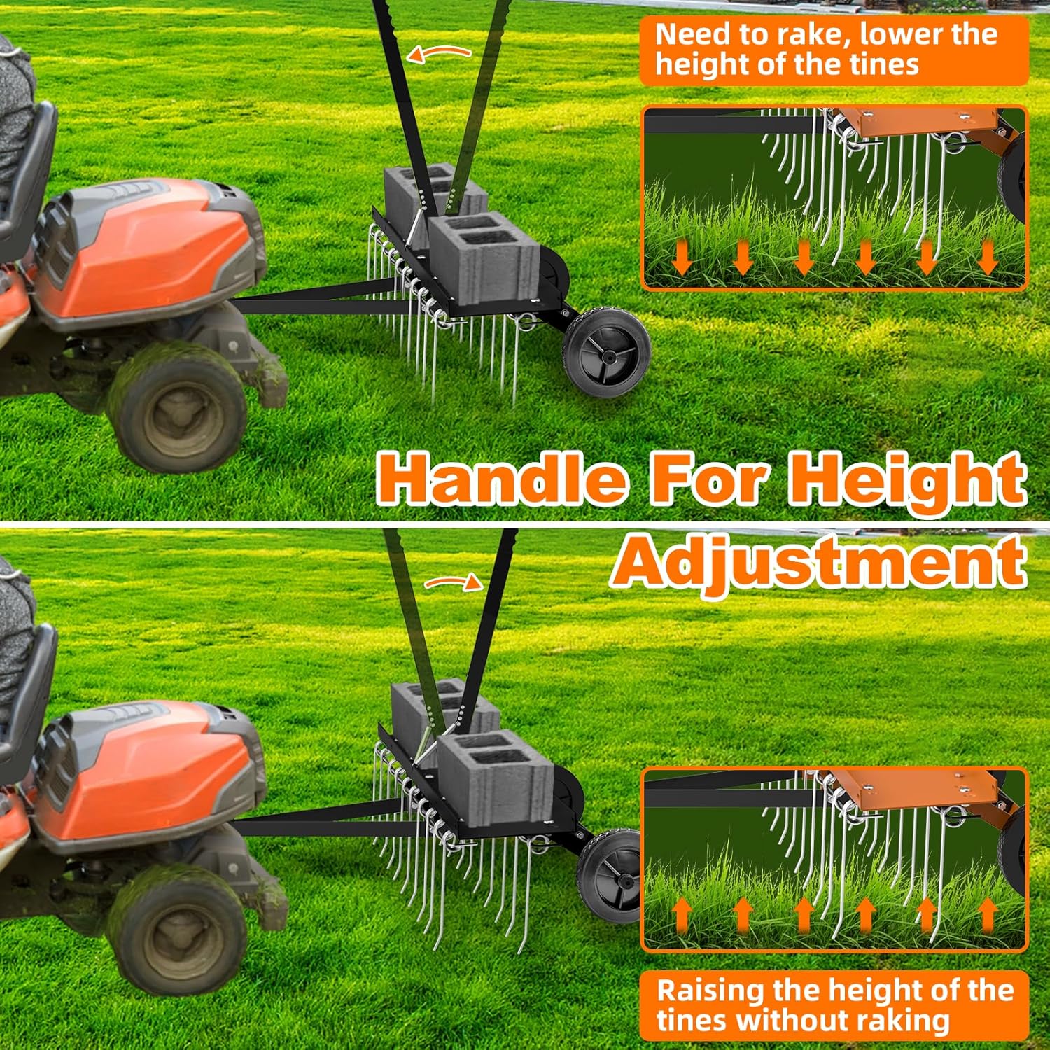 40" Tow Behind Lawn Dethatcher, Pull Behind Rake with 24 Rust-Proof Tines and Heavy Tires, Lawn Tractor Rake with Lift Handle, Black Tow Behind Rakes to Remove Thatch, Leaves from Large Lawn Area