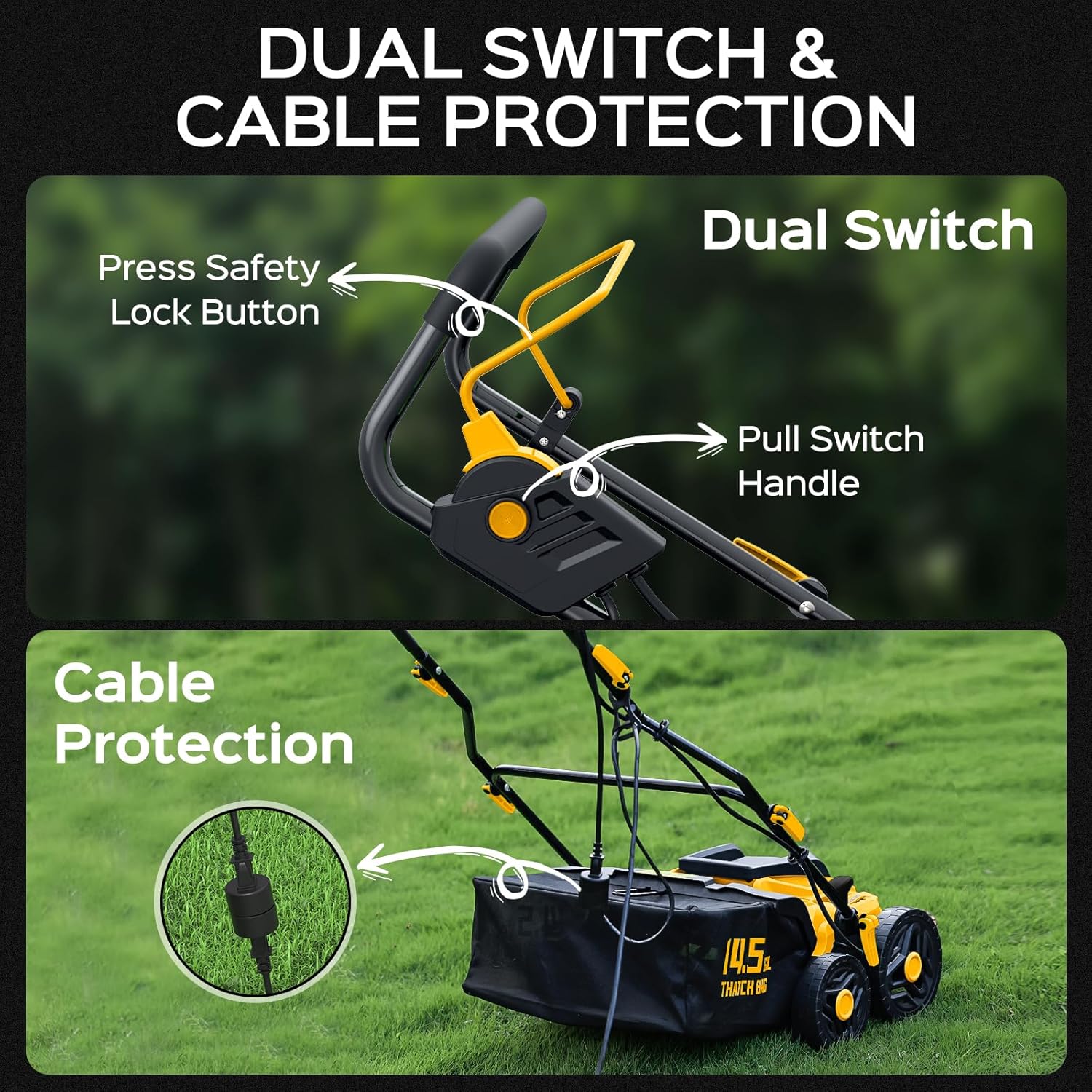 16-Inch 15.5 Amp 2-in-1 Electric Dethatcher and Scarifier, Lawn Dethatcher Rake with 14.5-Gallon Removable Thatch Bag, 5-Position Adiustment, Quick-Fold, Keeps Lawn Healthy - Yellow