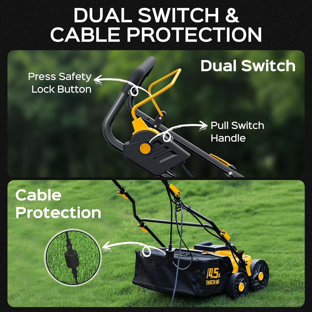 2025 Upgrade 16-Inch 15.5 Amp 2-in-1 Electric Dethatcher and Scarifier with 14.5-Gallon Collection Bag, Lawn Dethatcher with 5-Position Depth Adjustment, Keeps Lawn Healthy - Bold Yellow
