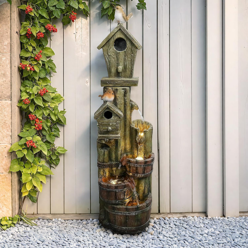 Outdoor Water Fountain with Birdhouse, 39.3inches Rustic Outdoor Water Fountains - Outdoor Cascading Waterfall with Decorative Birds & Buckets, Pump & Lights for Backyard Patio Decor