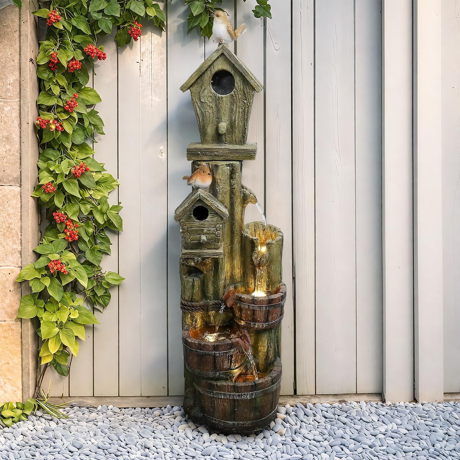 Outdoor Water Fountain with Birdhouse, 39.3inches Rustic Outdoor Water Fountains - Outdoor Cascading Waterfall with Decorative Birds & Buckets, Pump & Lights for Backyard Patio Decor