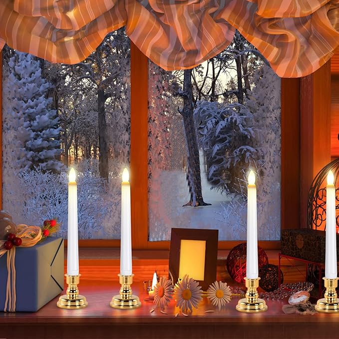 JOSU Taper Battery Operated Candles: 8PCS Flickering Flameless Candles with Timer - 3D Wick Fake Window Candle Outdoor +8 Gold Candlesticks, for Home Decor & Festival Celebration