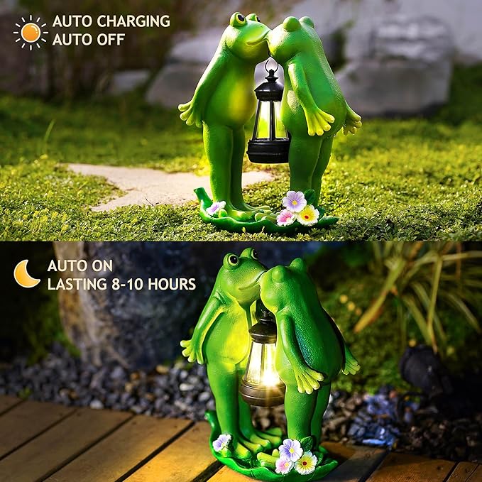 Solar Frogs Statue for Easter Garden Decor Solar Lantern LED Outdoor Decoration Figurines for Porch Patio,Yard,Lawn - Frog Gifts for Women Mom Grandma Wife (Kiss Frog)