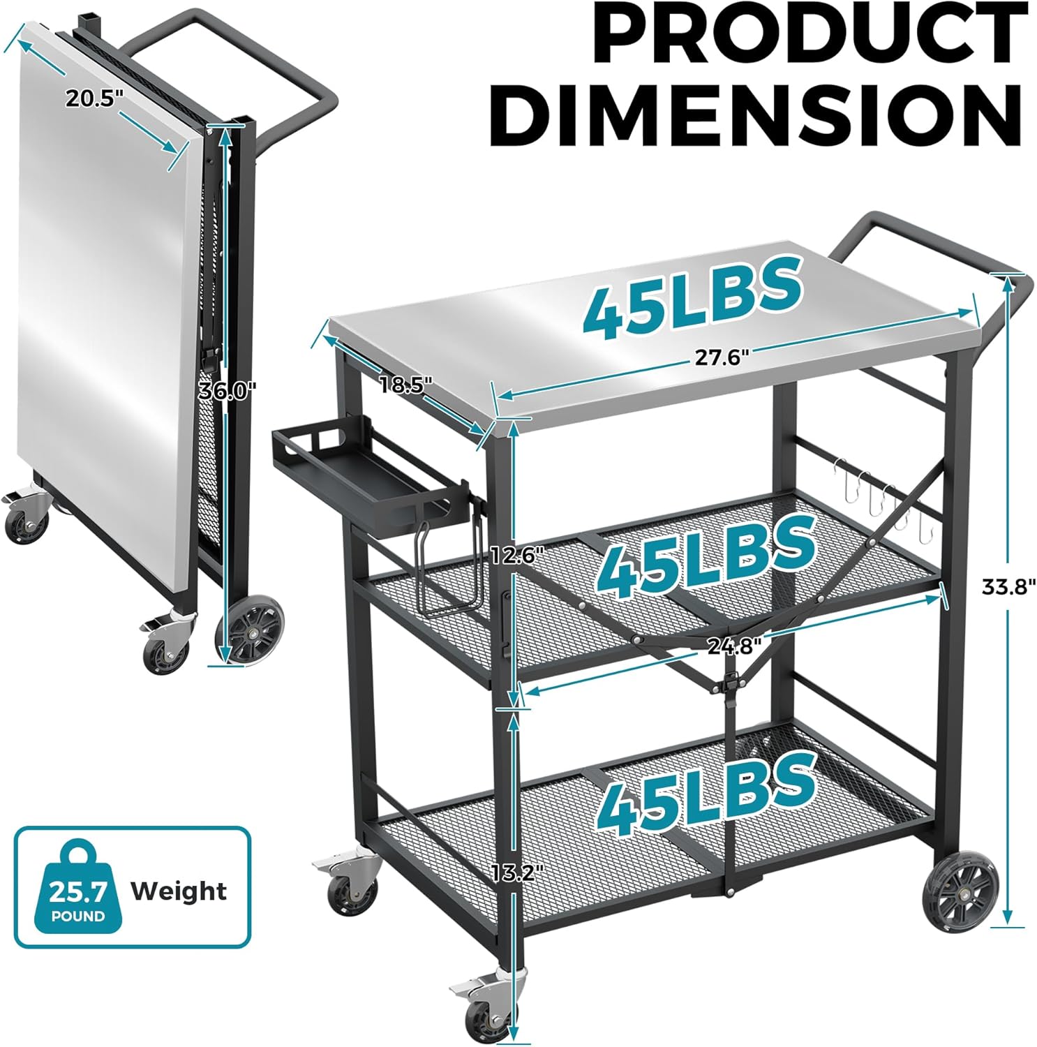 Ciokea Folding Outdoor Grill Cart with Wheels, 3-Shelf Grill Table with 27x18 in Stainless Steel Top, Rolling Pizza Oven Stand, Metal Portable Cart for BBQ Patio Camping (Black)