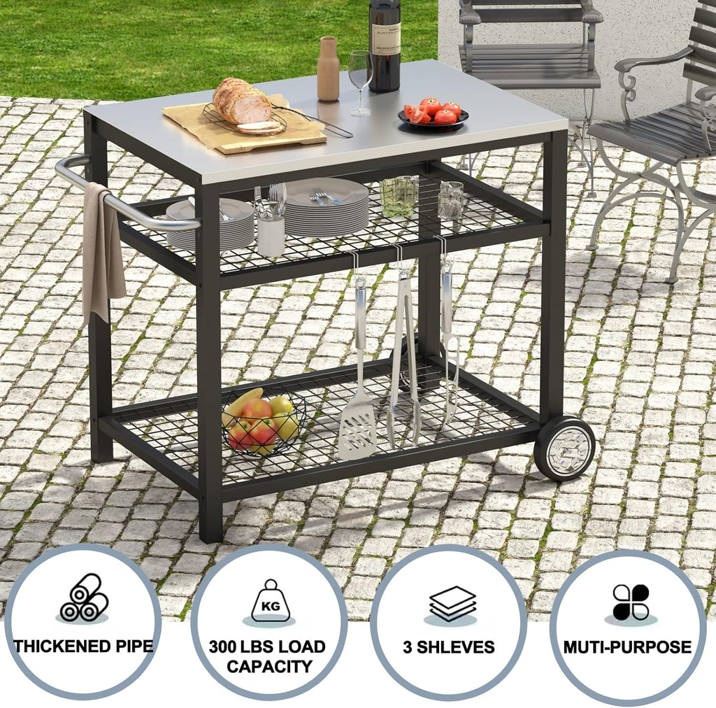 Movable Food Prep and Work Table Stainless Steel Grill Cart Modular Table with Wheels and Handle Double-Shelf Commercial Kitchen Tables Heavy Duty Pizza Oven Stand Outdoor