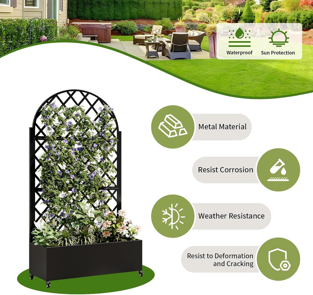 Metal Planter Box with Trellis and Wheels, 73"x35"x16" Galvanized Steel Raised Garden Bed with Drainage Holes and Privacy Screen Function for Climbing Plants, Vegetables, Flowers, and Vines–Black