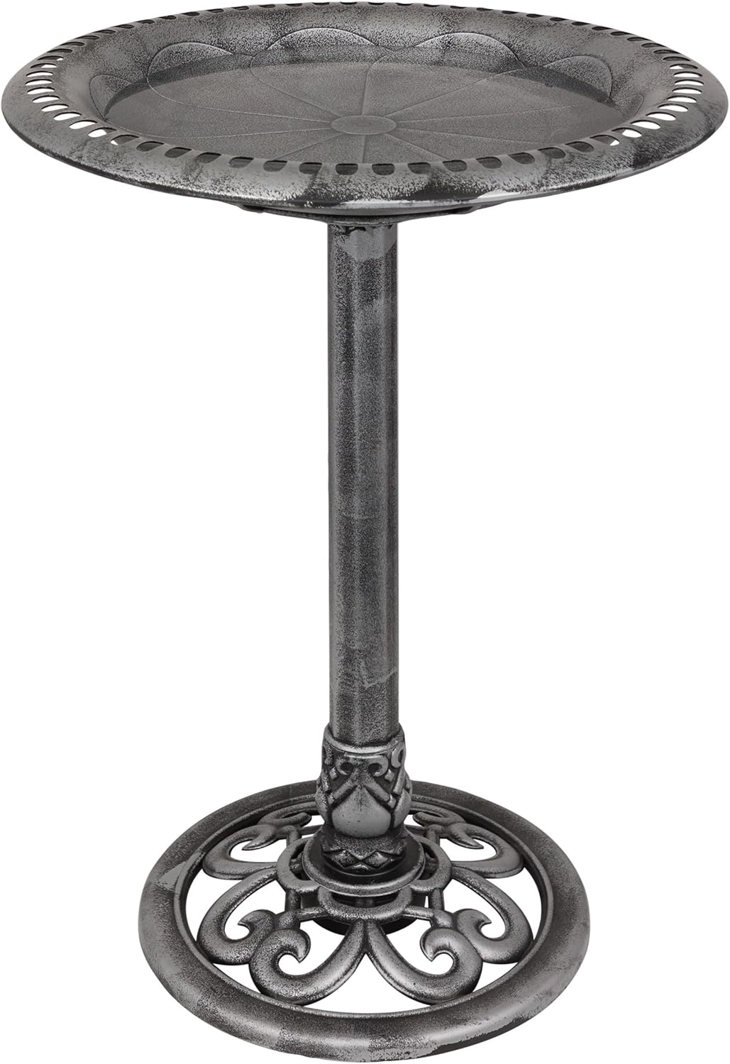 Alpine Corporation TEC116GR Outdoor Pedestal Birdbath w/Scrollwork Base and Stakes, Elegant Birdbath for Garden, 28" H, Gray