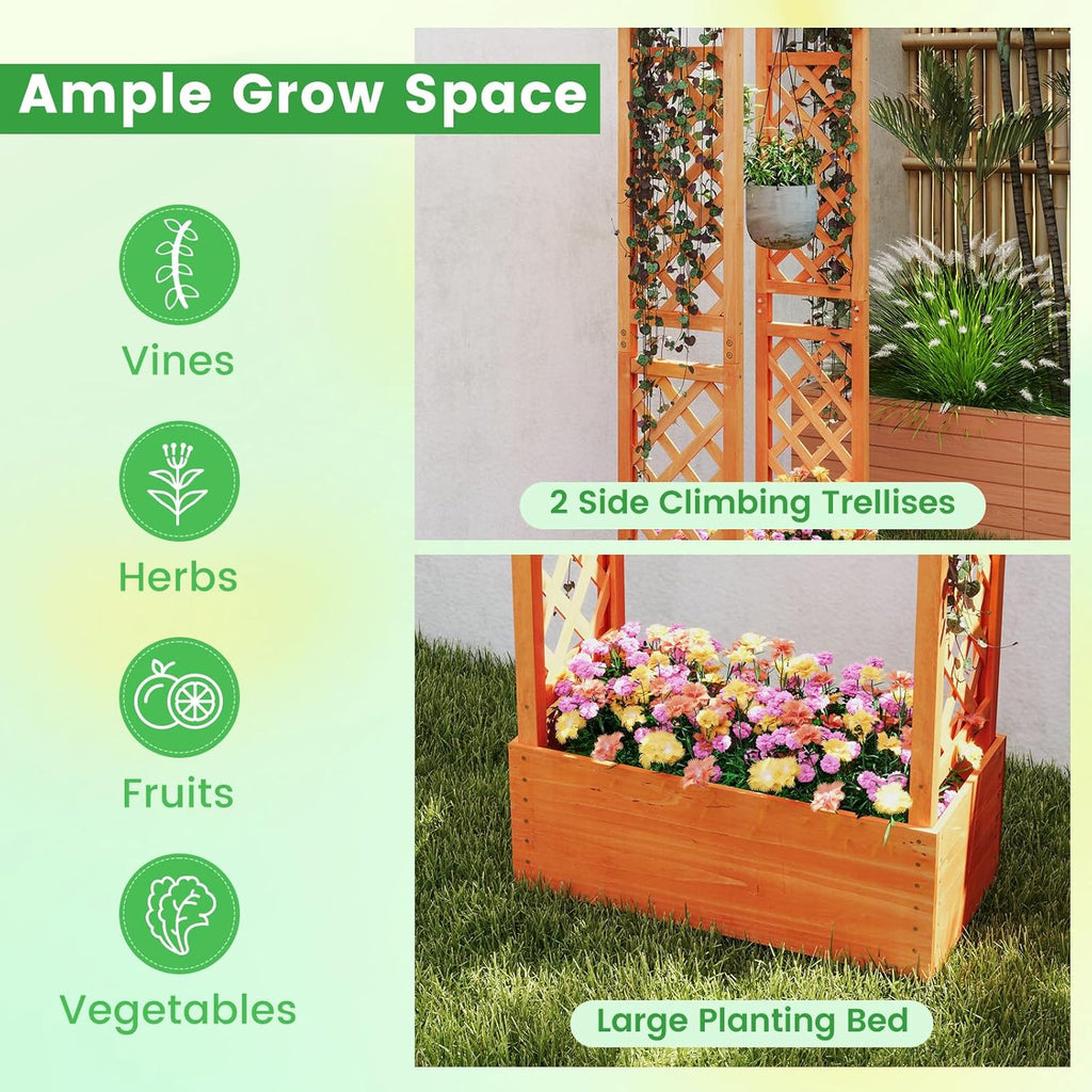 S AFSTAR Raised Garden Bed with Trellis, Wood Planter Box with Hanging Roof & Drainage Holes for Climbing Plants, Vines, Flowers & Vegetables, Indoor Outdoor Plant Container for Patio & Yard