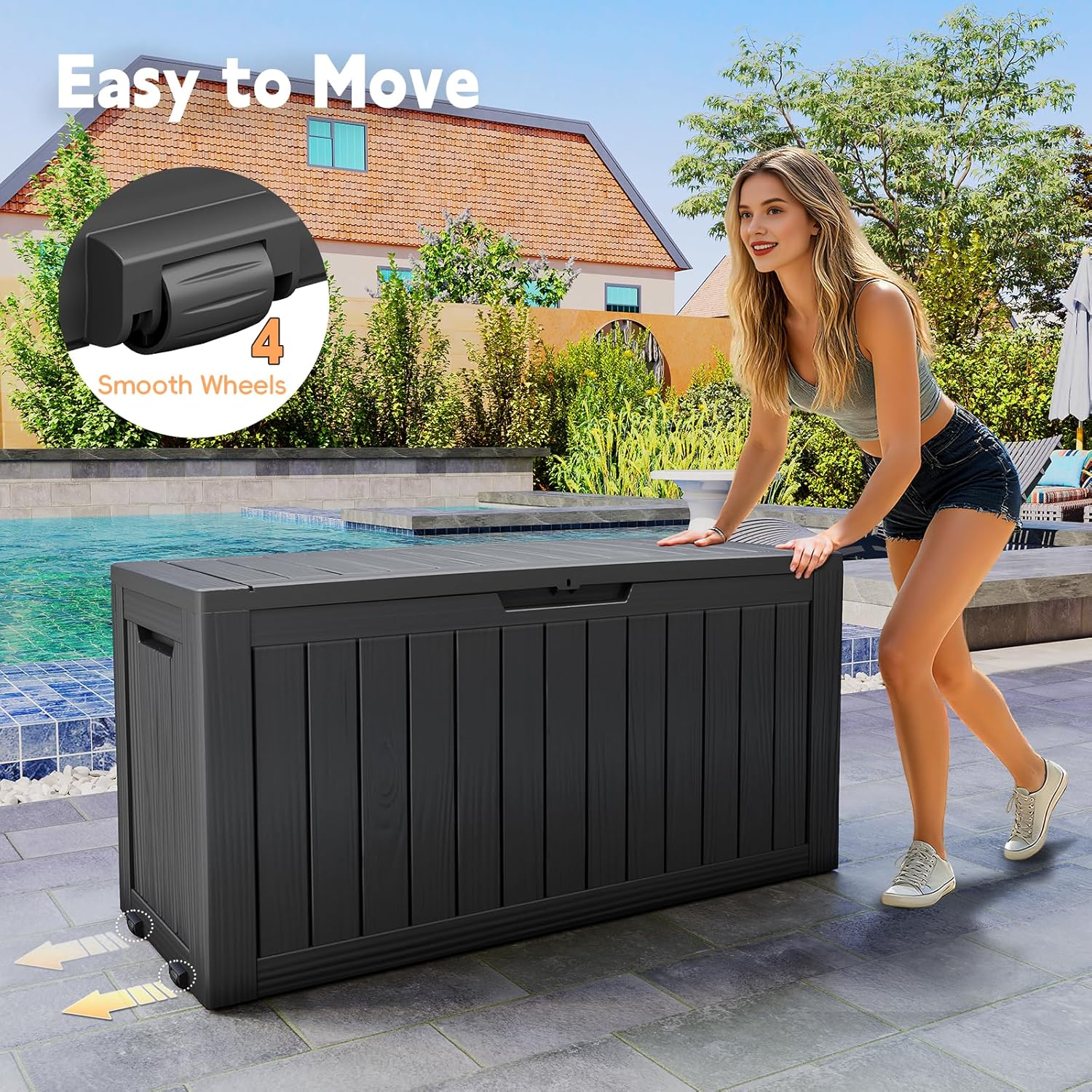 Outdoor Storage Box, 72 Gallon Waterproof Resin Deck Box, Storage Bin for Package Delivery, Patio Furniture Cushion, Garden Tools, Pool Accessories, Weatherproof and UV Resistant, Black