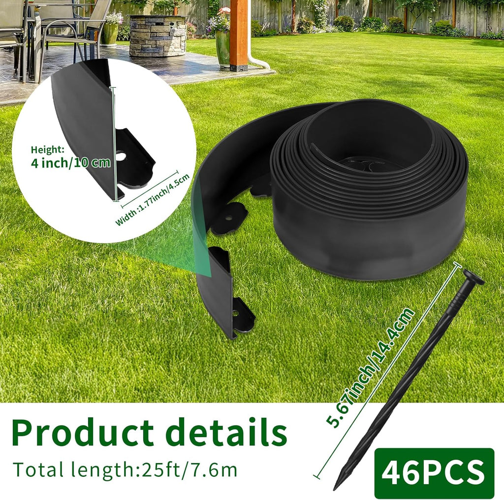 4 in x 25 Ft Garden Landscape Edging, No Dig Garden Edging Border Kit with 46 Pcs Spikes for Flower Bed Lawn Yard Grass Black