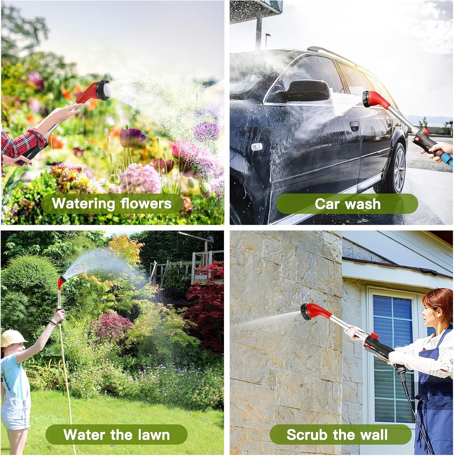 GREEN MOUNT Watering Wand, Heavy Duty Garden Hose Wand with 8 Spray Patterns, 16-Inch Hose Sprayer Nozzle with Flow Control, Ideal for Lawn and Garden Use, Red