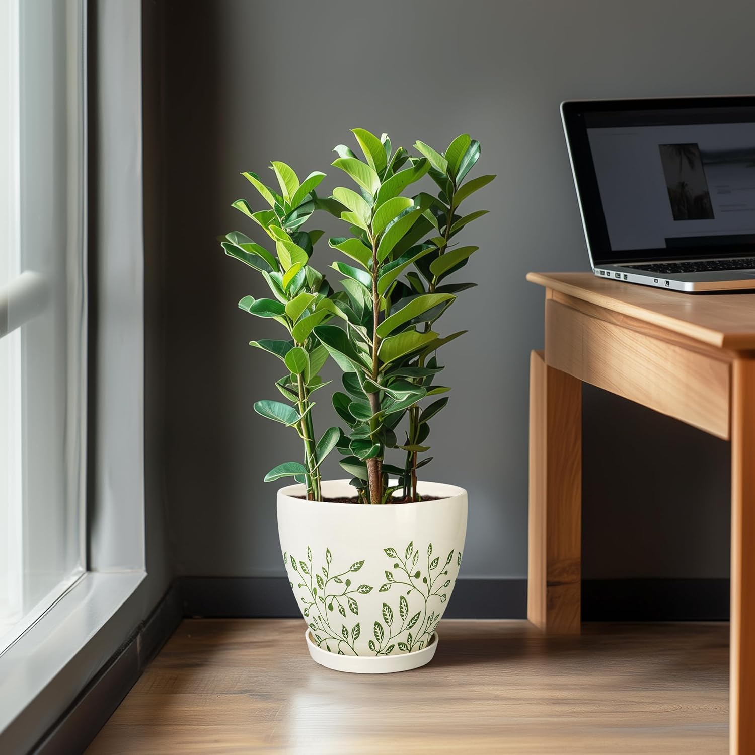 10 Inch Ceramic Planter - Ceramic Plant Pot for Indoor Outdoor Plants, Boho Round Indoor Flower Pot with Drainage Hole and Saucer, Gifts for Plant Lovers, Home Garden Apartment Decor, White