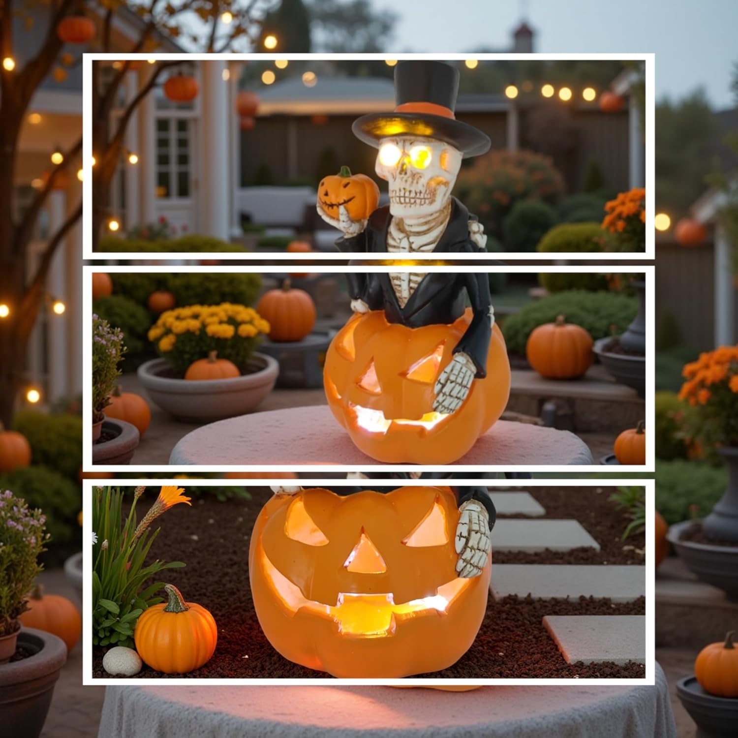 Halloween Decorations Solar Spooky Lights Outdoor Skull Pumpkin Figurine Light Garden Statue for Outside Patio Front Porch Yard, Led Fall Decor Jack-O-Lantern Home Decor Gifts (Orange-White Skull)