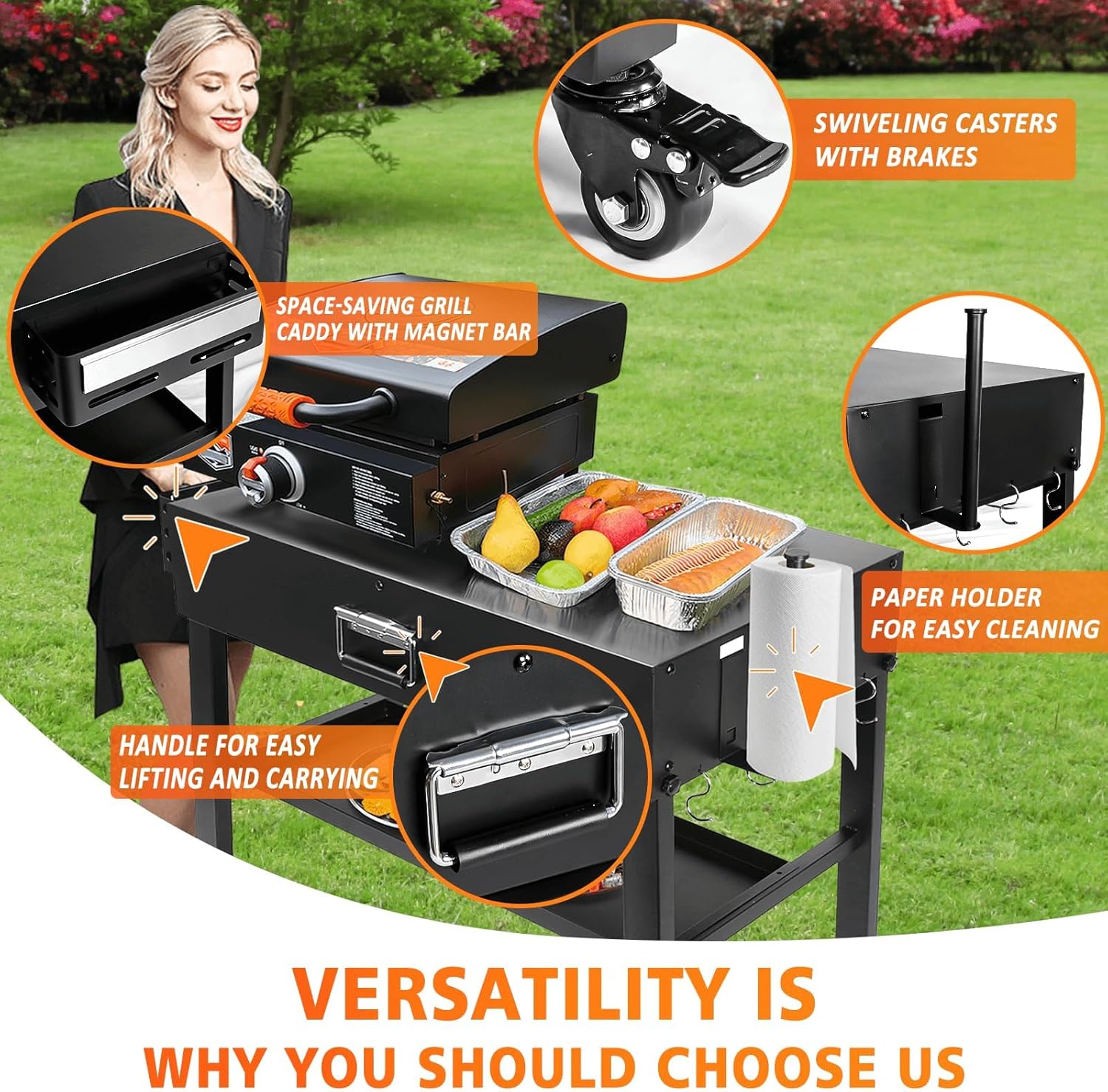 Foldable Grill Table Cart for Ninja Woodfire OG700, Blackstone Portable Griddle, Weber, Ooni Pizza Oven – Portable Outdoor BBQ Prep Stand with Caddy, Ideal for Camping and Tailgating