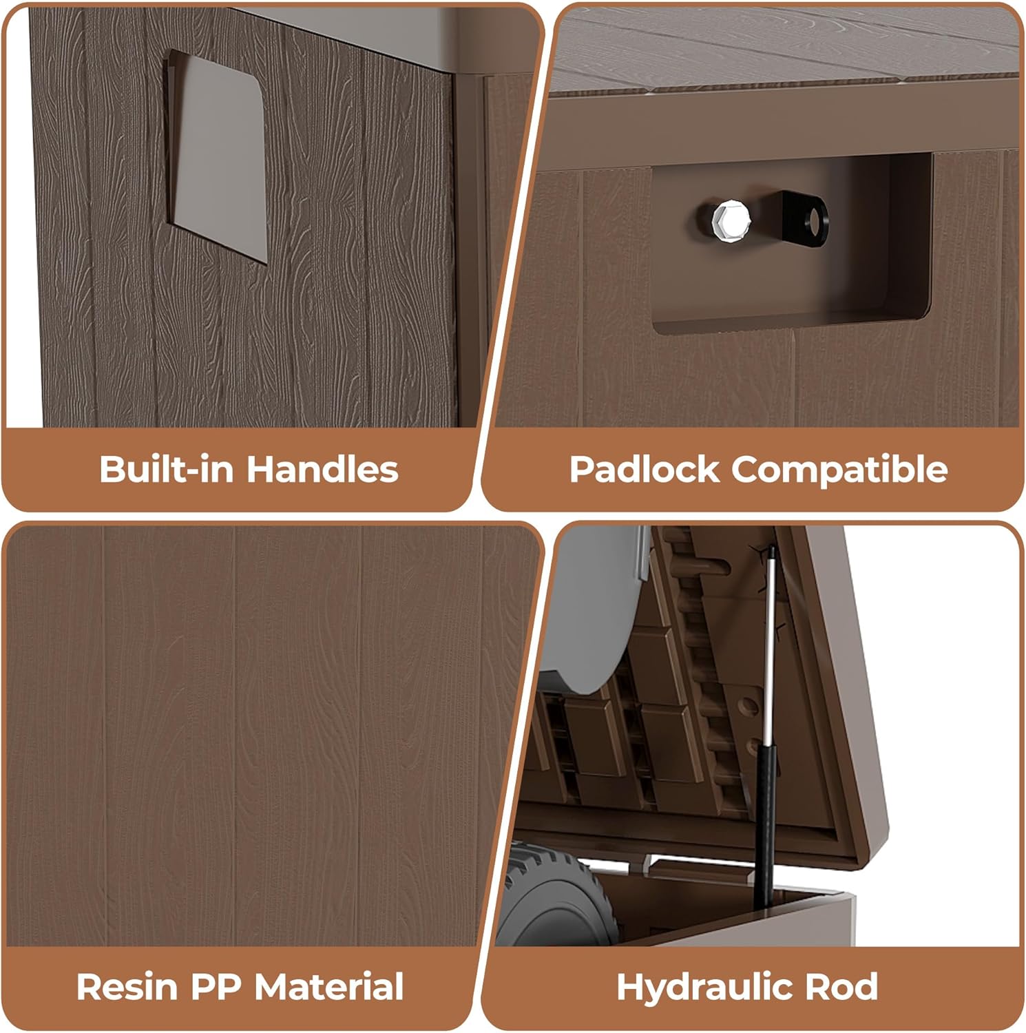 28Gallon Brown Resin Deck Box, Outdoor Storage Box Waterproof Lockable, Patio Square Deck Box For Package Delivery, Outside Storage Box Container for Furniture Cushions, Garden Tools, Pool Accessories