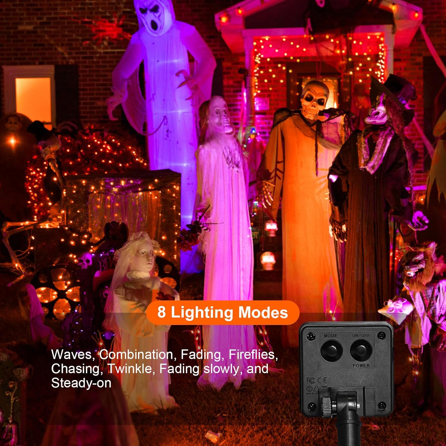 Solar Powered String Lights Outdoor, 2 Pack Total 200 LED 66FT Solar Powered Halloween Decorative Fairy Lights 8 Modes Black Wire for Halloween, Garden, Patio, Party, Yard, Christmas(Orange)