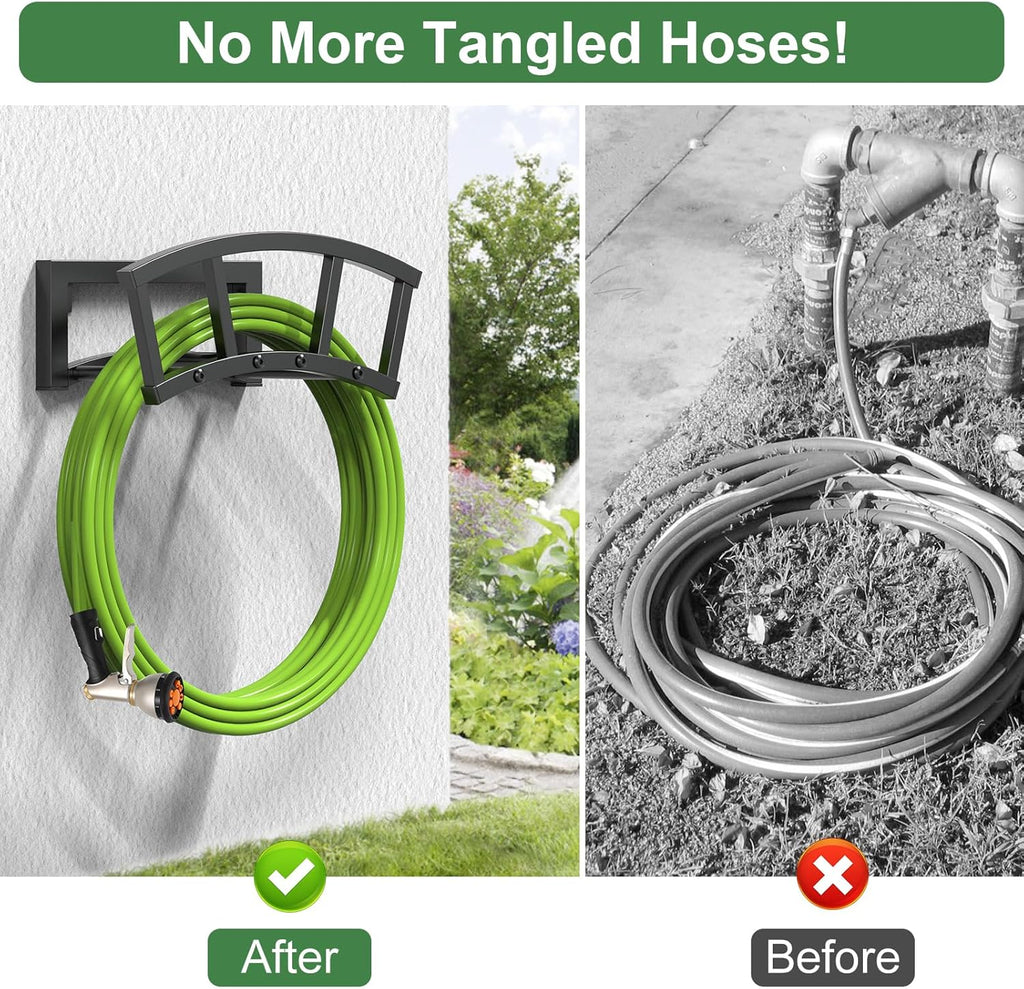Garden Hose Holder Wall Mounted, Outdoor Heavy Duty Metal Water Hose Holder Hanger Holds 125-ft Water Pipe, Sturdy Detachable Hose Storage Organizer Reel Rack for Outside Garden Lawn Yard Farm