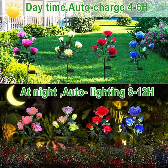 ANGMLN 4 Pack Solar Garden Lights, Solar Flower Lights Outdoor Waterproof with 20 Head Rose 7-Color Changing Landscape Light for Garden Yard Pathway Patio Grave Cemetery Decoration