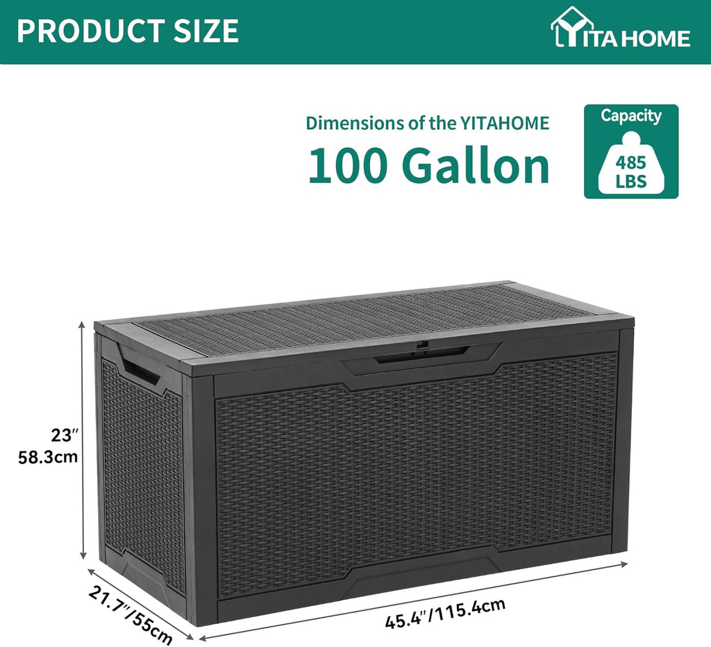YITAHOME 100 Gallon Large Resin Deck Box Outdoor Storage Boxes for Patio Furniture, Outdoor Cushions, Garden Tools and Pool Supplies-Waterproof,Lockable (Black)