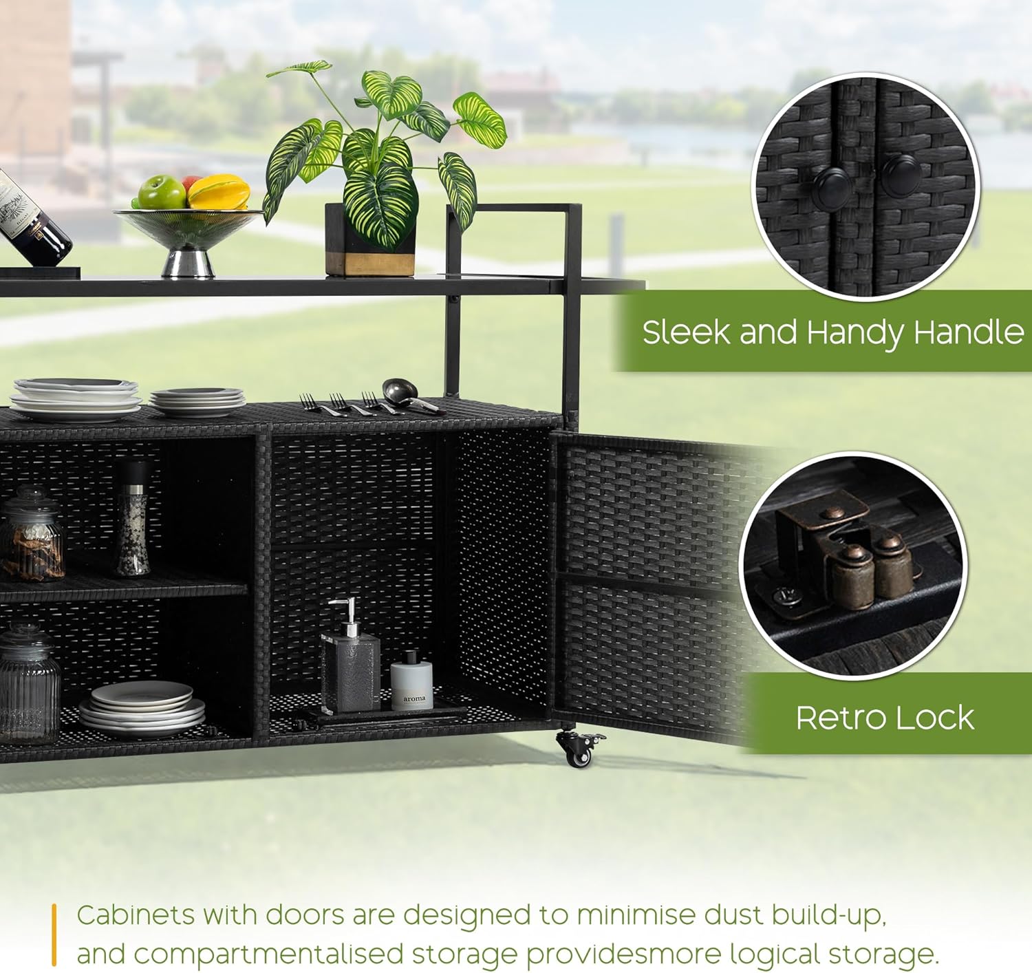 Wicker Outdoor Bar Cart - Black Patio Console Storage Table Buffet Cabinet Serving Kitchen Cart with Wheels for Outside Backyard