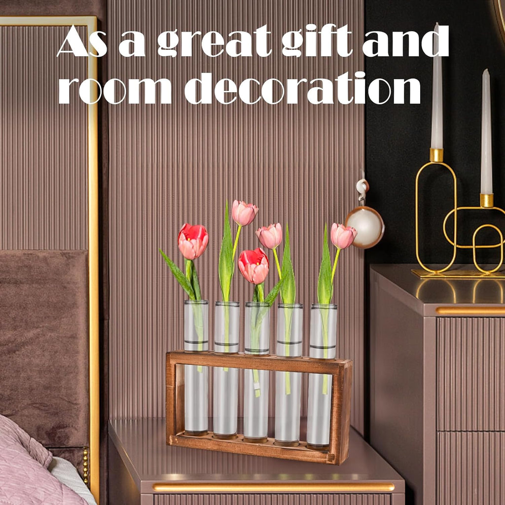 Desktop Glass Plant Propagation Station with 5 Test Tubes in Wooden Stand - Hydroponic Plants Cutting Office Home Decoration and Garden Decor Terrarium (5 Tubes)