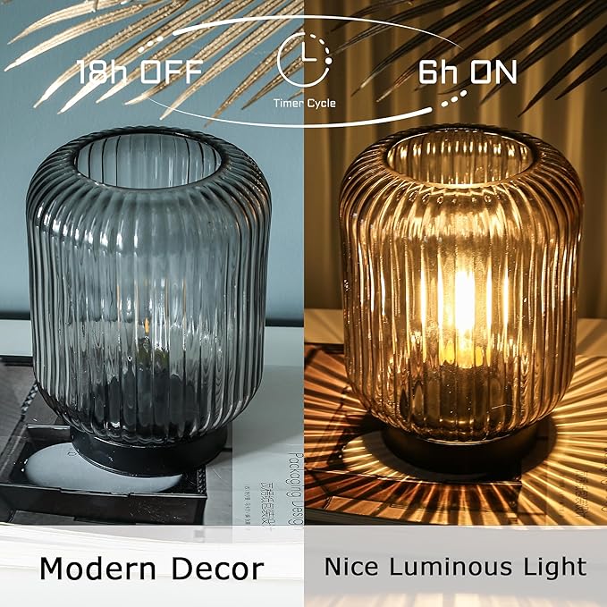 Battery Operated Lamp, Cordless Table Lamps for Home Decor, Battery Powered Nightlight with LED Bulb, Decorative Glass Beside Lamp for Bedroom Living Room-Grey