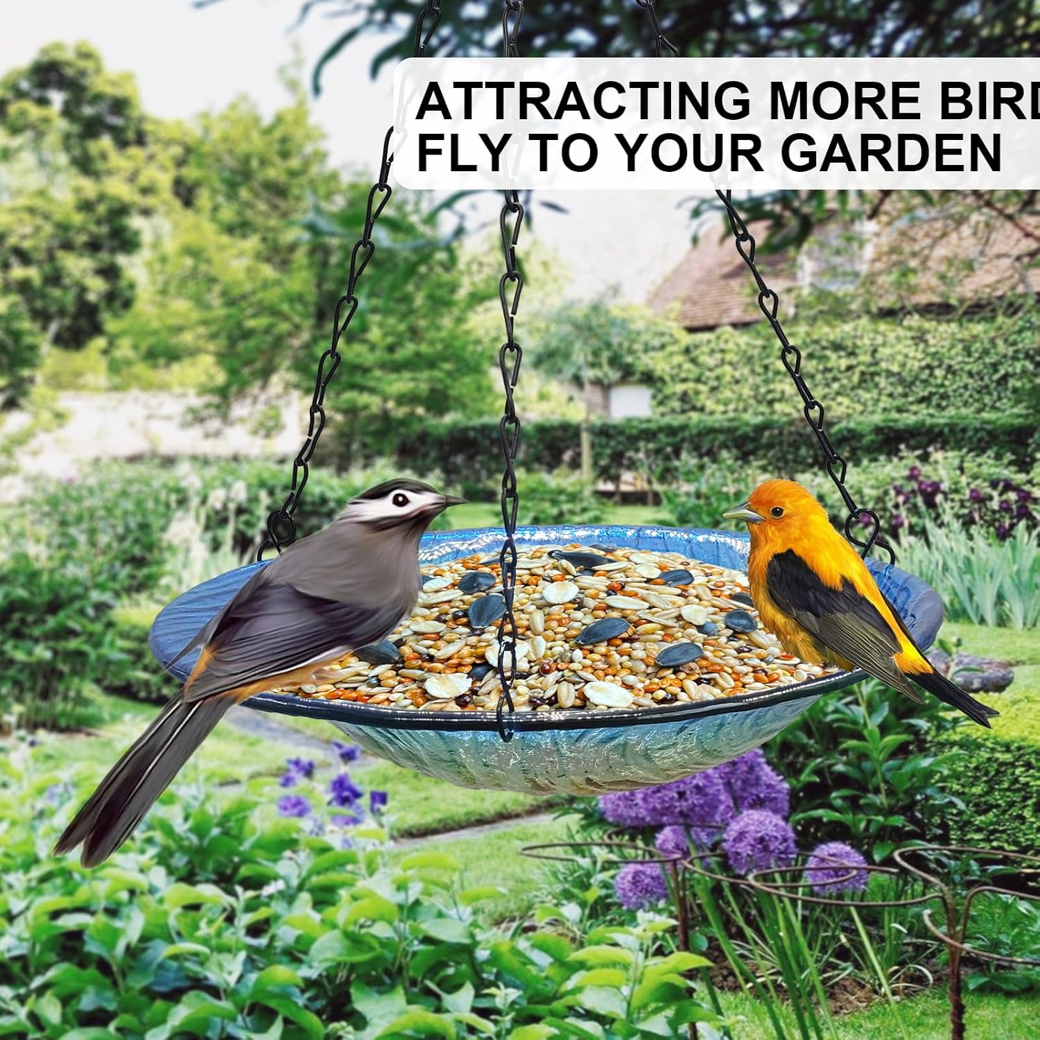 Hanging birdbath, Outdoor Glass birdbath, Bird Feeder with Blue-Orange Texture Pattern for Garden Patio Decoration