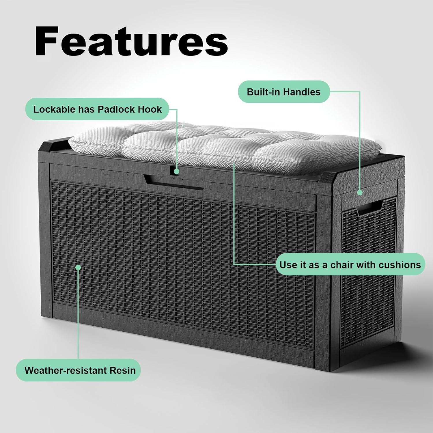 DRATO 60 Gallon Deck Box, Waterproof Resin Large Outdoor Storgae Box for Patio Furniture, Patio Cushions, Gardening Tools, Pool and Sports Supplies, Lockable