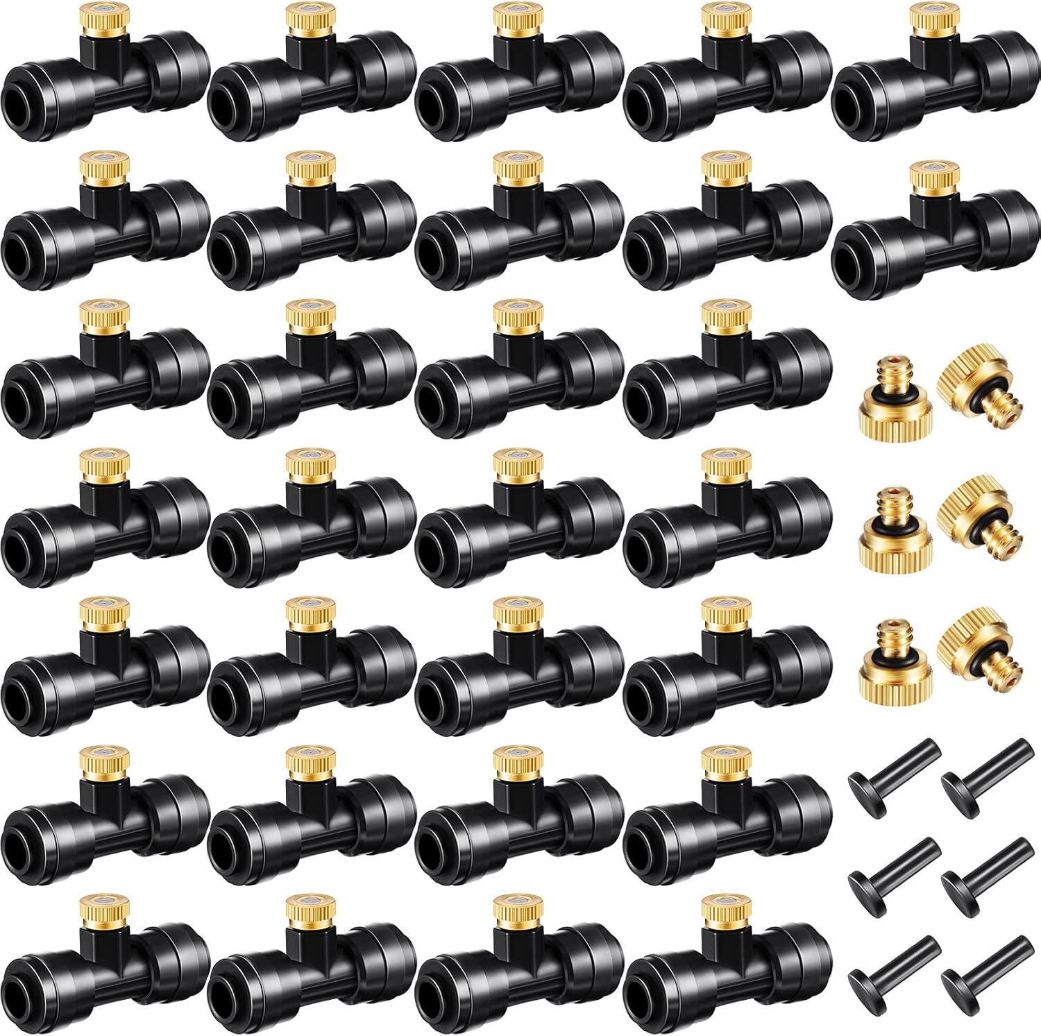 Misting Nozzles Kit Include Water Misting Tees Thread 1/4 Inch and Brass Orifice Nozzle with Black Plug for Outdoor Spray Cooling System(72 Pieces)