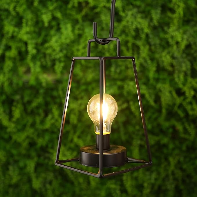 JHY DESIGN Retro Style Geometric Table Lamp 10''High Simple Iron Art Cordless Lamp Battery Powered Lamp with 6-Hours Timer Feature Cage Wireless Lamp for Balcony Party Indoor Outdoor(Short, Black)