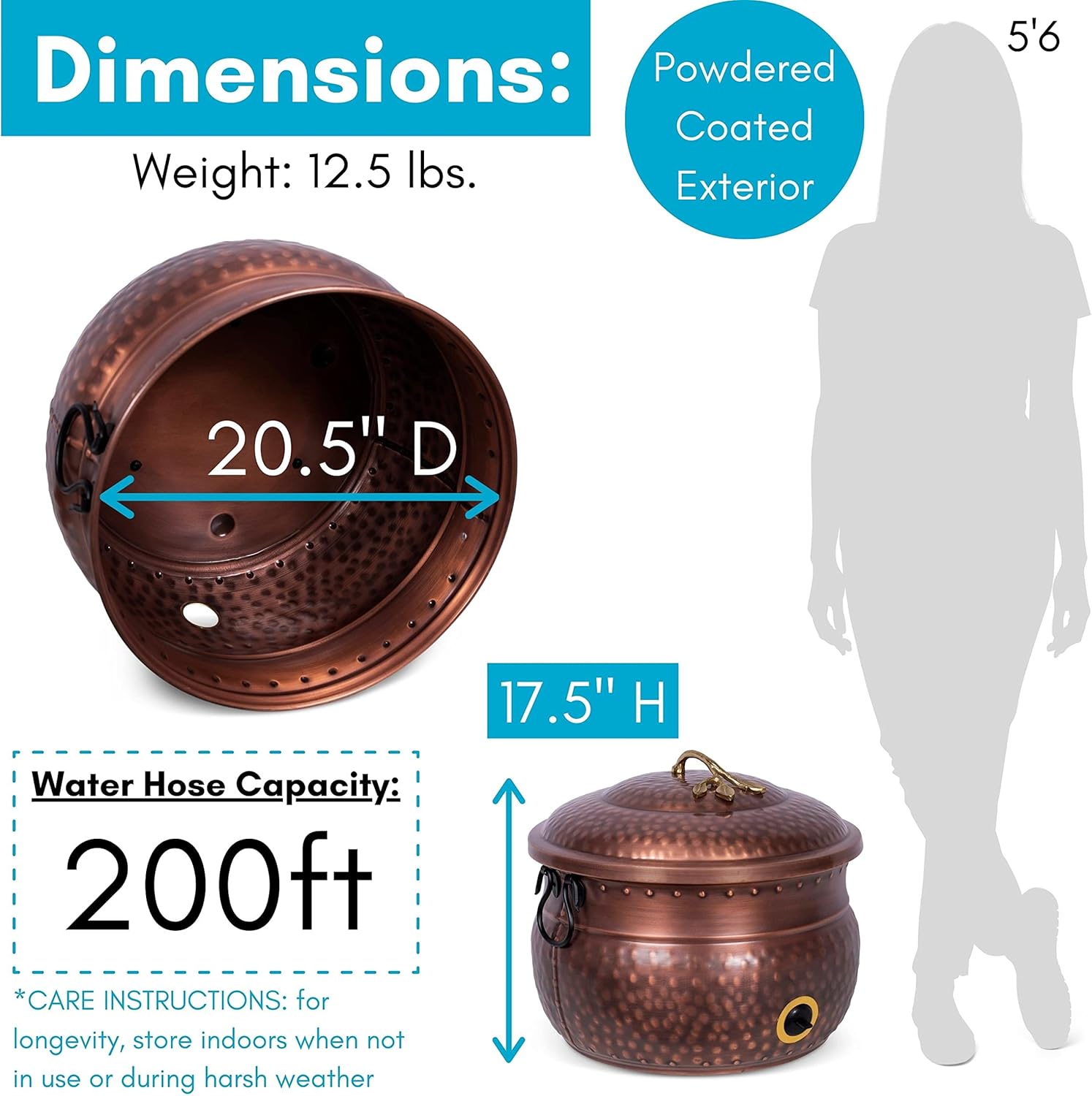 BirdRock Home Water Hose Holder with Lid | Ground Garden Hose Pot | Decorative | Handle | Embossed | Steel Metal with Copper Accents | Outdoor or Indoor Use