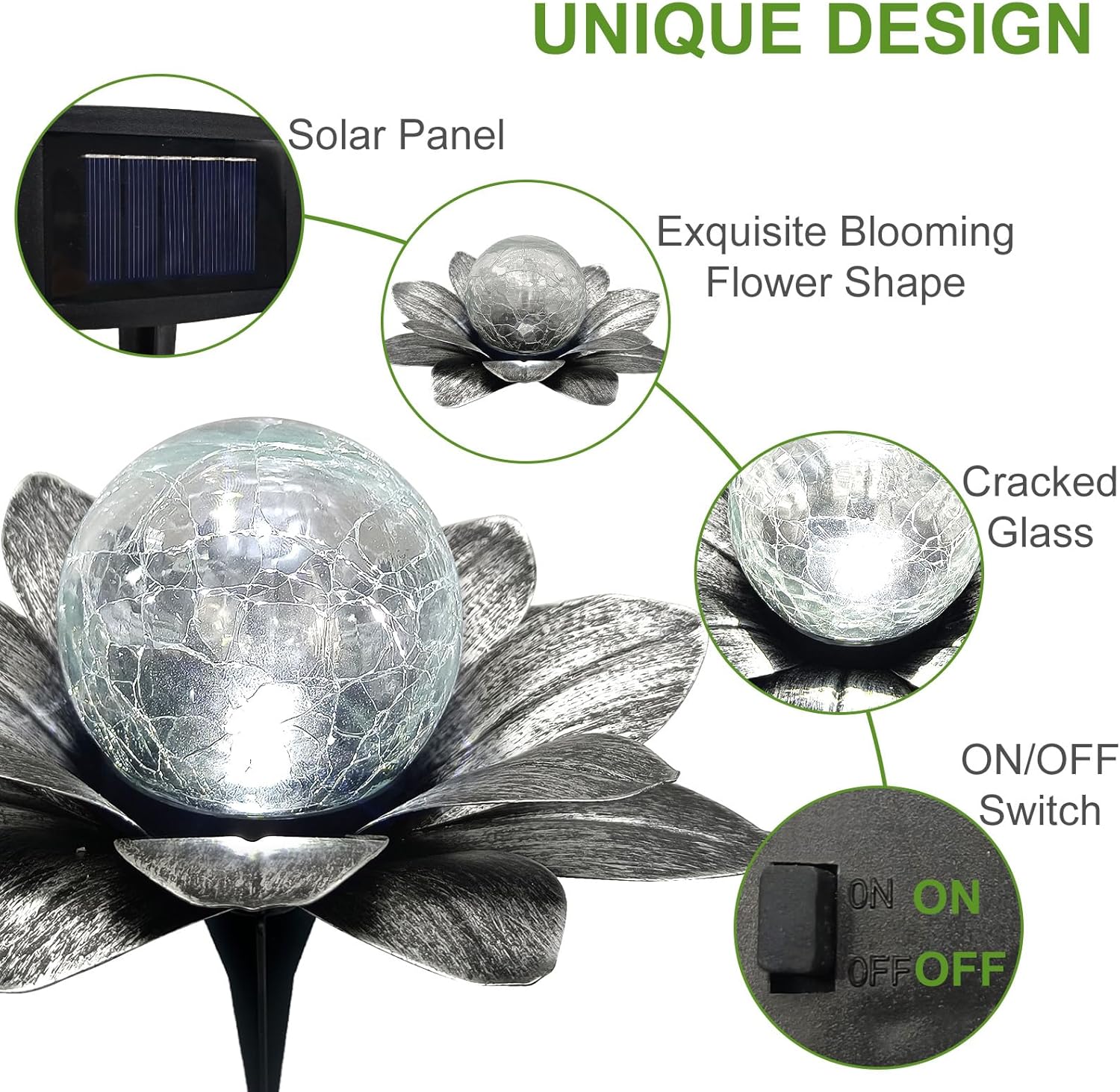 LEWIS&WAYNE Solar Garden Lights Outdoor, 3 Pcs Silver Gray Lotus Flower Pathway Lamps with Cool White Crackle Glass Globe Led Lights for Patio Pathway Yard Balcony Garden Decorations
