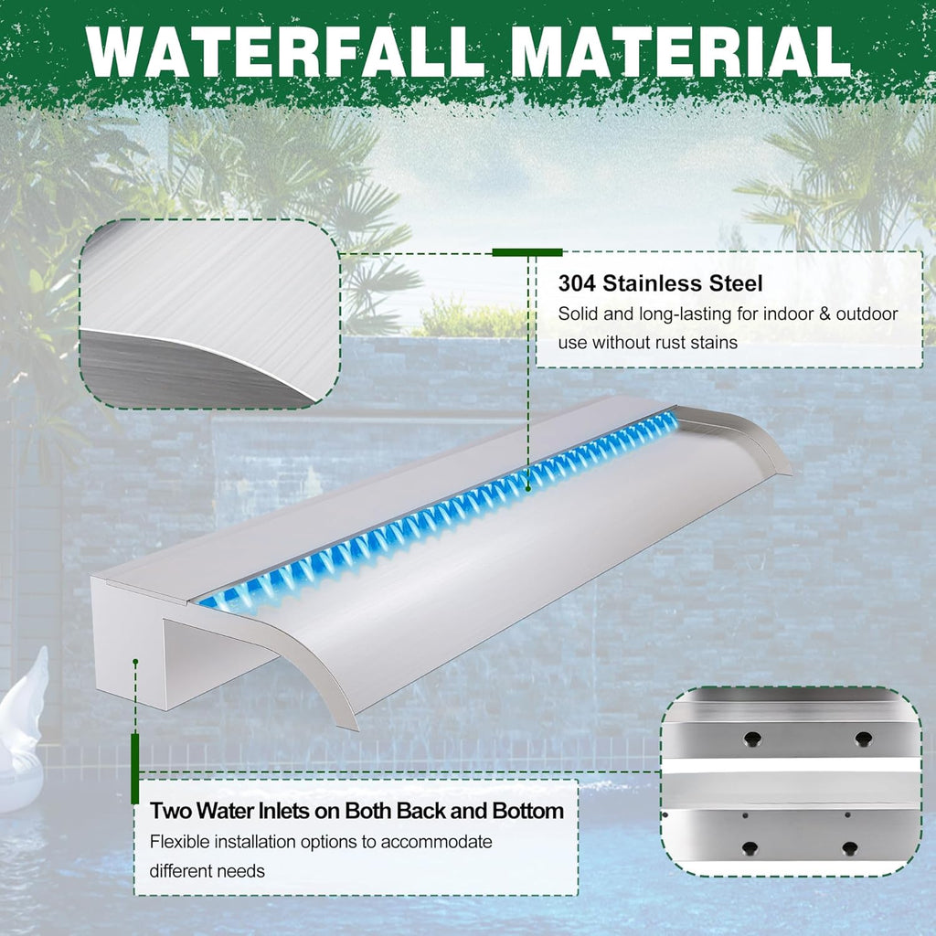 Waterfall Pool Fountain, LONGRUN Stainless Steel Waterfall Spillway for Pools and Ponds - 35.4" Wide Decorative Water Feature for Swimming Pools, Koi Ponds, and Garden