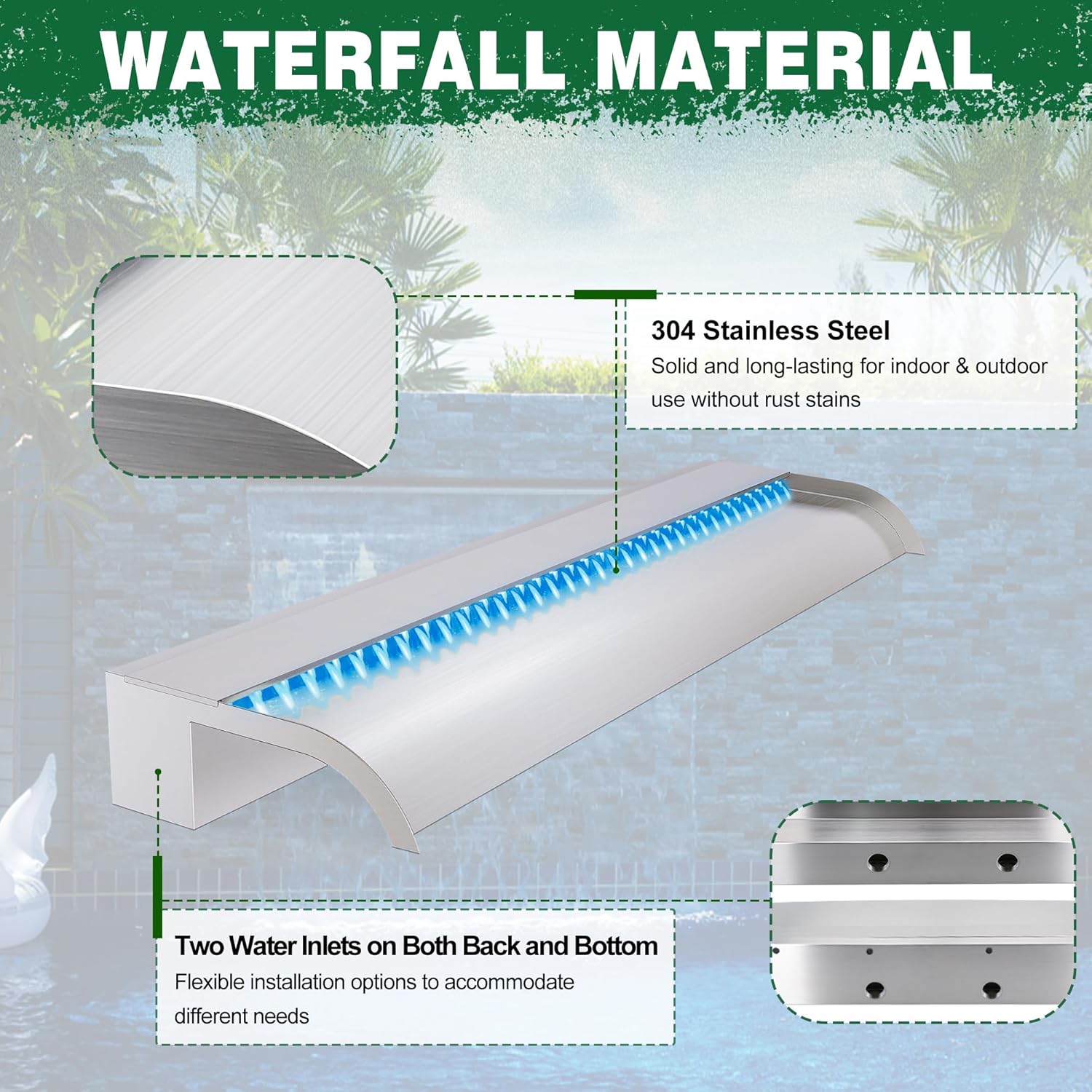 Waterfall Pool Fountain, LONGRUN Stainless Steel Waterfall Spillway for Pools and Ponds - 35.4" Wide Decorative Water Feature for Swimming Pools, Koi Ponds, and Garden