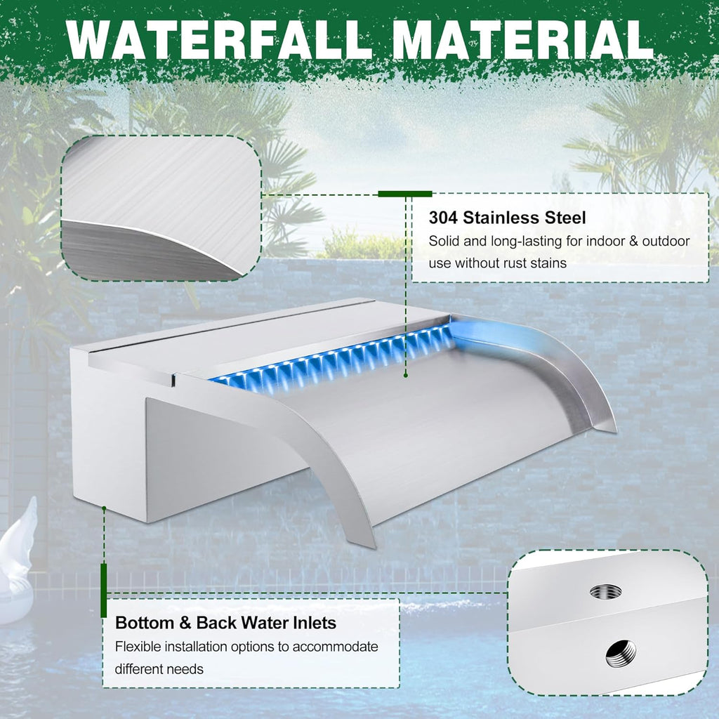 LONGRUN Pool Fountain Stainless Steel Outdoor Pond Spillway Waterfall with Wider Water Flow Platform Multi-Color LED Light Spray Indoor Waterfall Fountains for Garden-11.8"