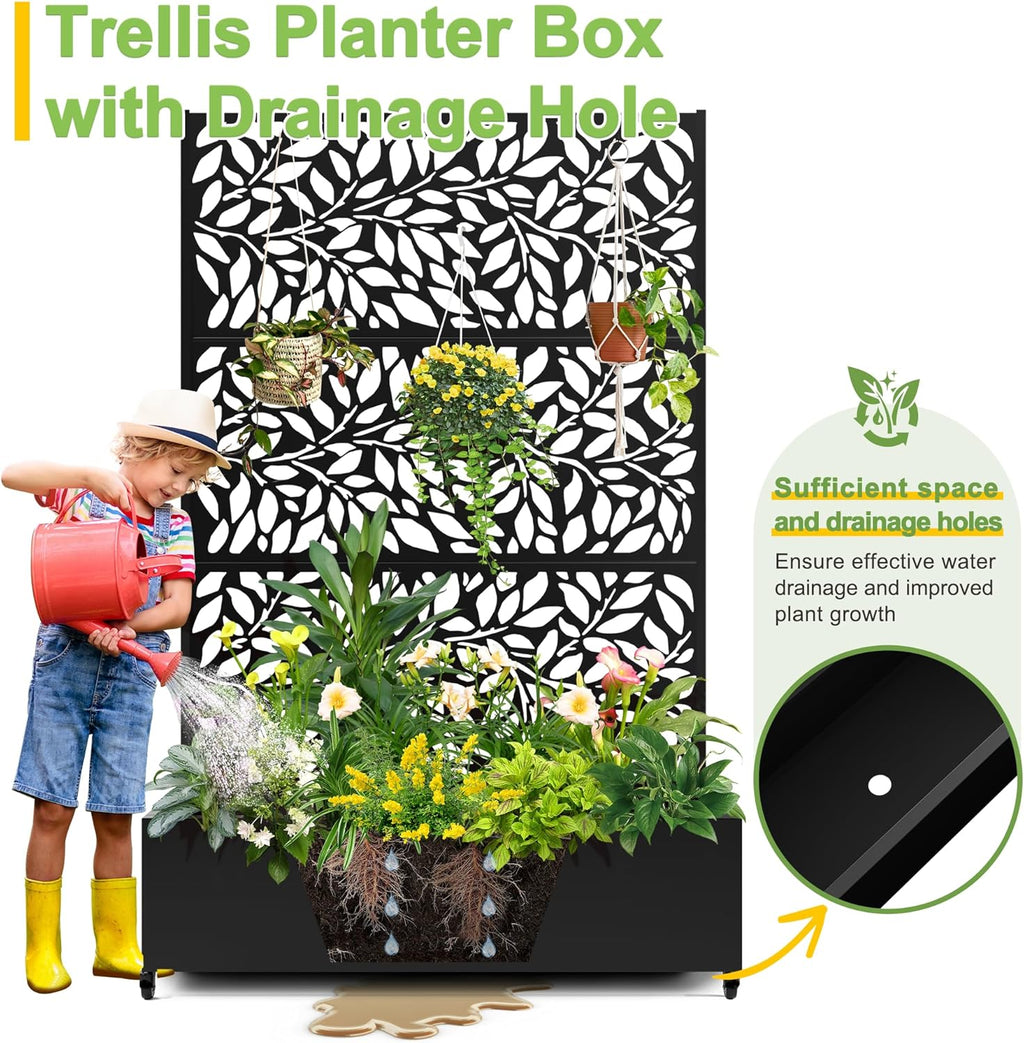 FENCY Metal Raised Garden Bed with Wheels and Trellis,73"x47"x16" Planter Box for Climbing Plants, Vegetables & Vines, Features Privacy Screen and Drainage Holes (Black-Leaf-2)