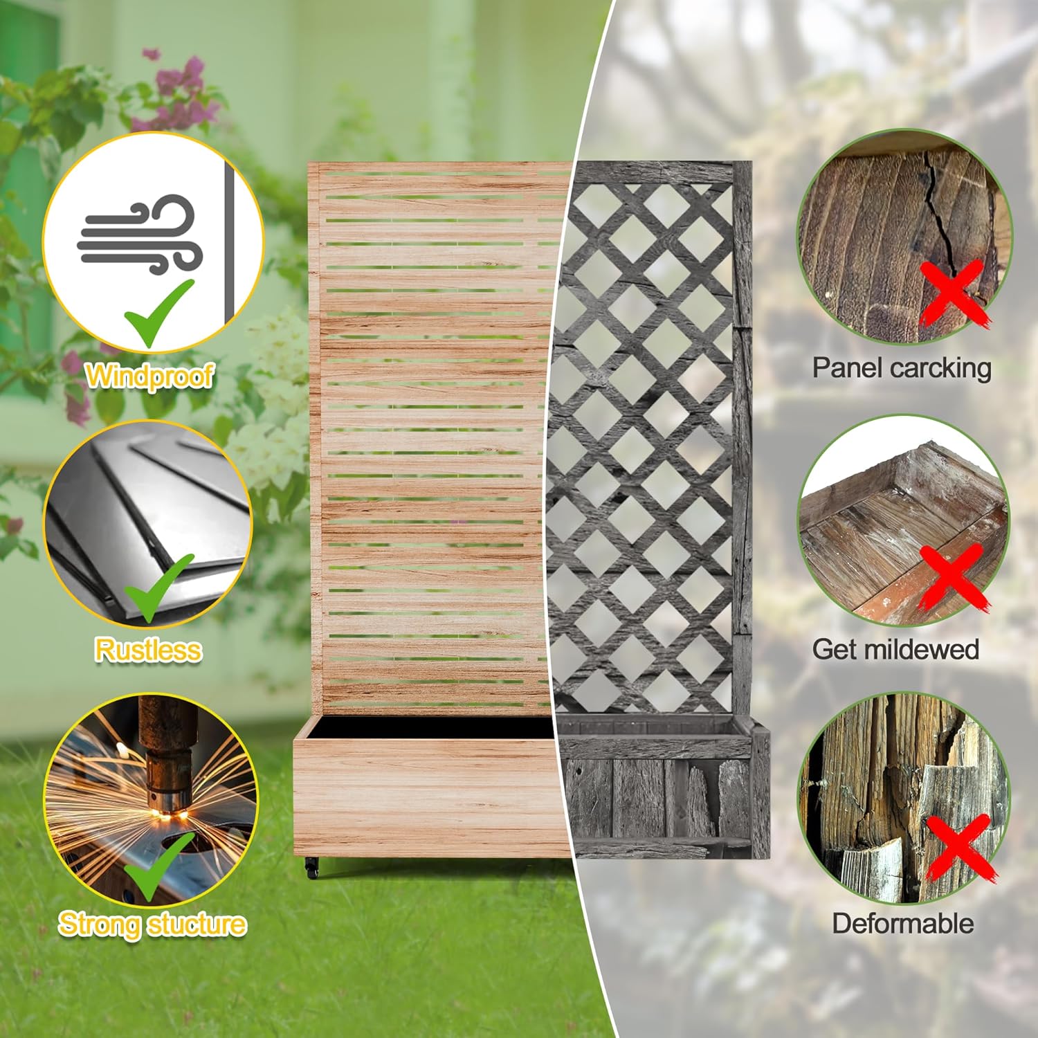 FENCY Metal Raised Garden Bed with Wheels and Trellis,73"x47"x16" Planter Box for Climbing Plants, Vegetables & Vines, Features Privacy Screen and Drainage Holes (Acacia Wood Finish)