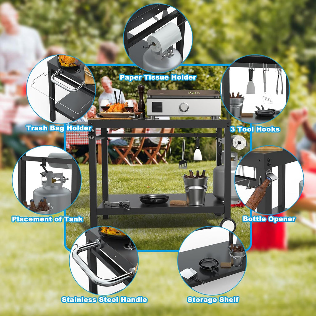 LS'BABQ Outdoor Grill Table Cart, Pizza Oven Stand, BBQ Prep Table with Trash Bag Holder Wheels & Hooks, Double-Shelf Movable Food Prep and Work Stand, Powder-Coated Steel Flattop Grill Cart