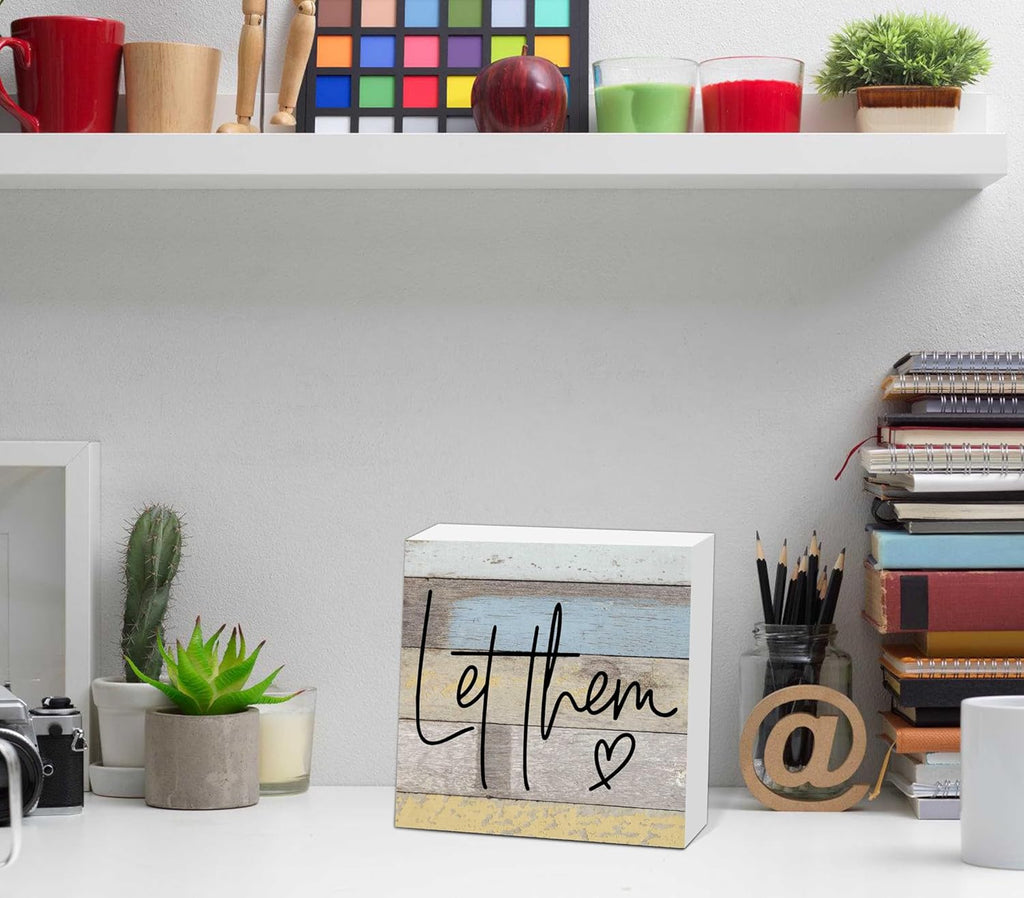 Let Them Wooden Sign, Office Decorations for Work, Let Them Mental Health Rustic Wood Box Signs 5x5 Inch, Desk Shelf Tabletop Decor for Home Cubicle Decor, Office Gifts for Coworkers Women, 13