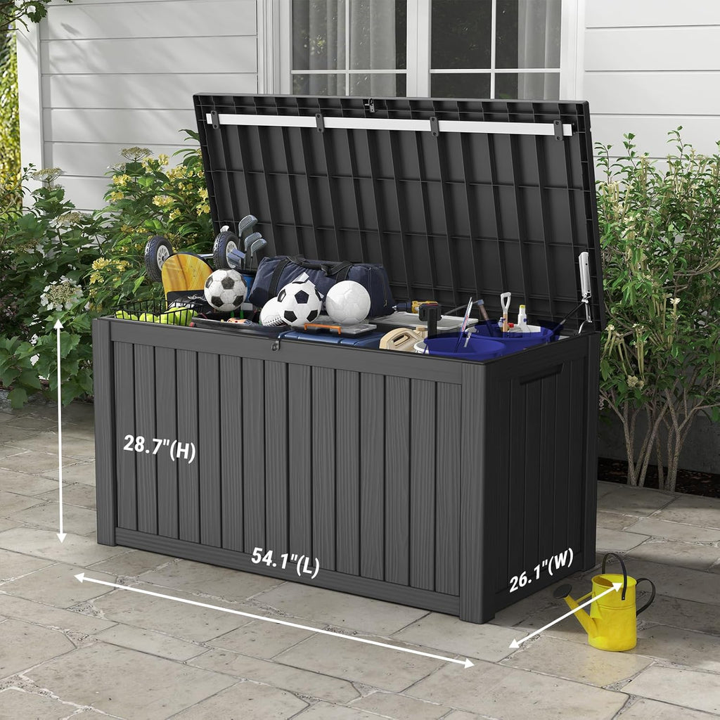 Mars Villa 150 Gallon Outdoor Storage Box, Large Resin Deck Box Waterproof, for Pool Supplies Storage, Outdoor Patio Furniture Cushions, with Hydraulic Hinge, UV-Resistant and Weatherproof, Black