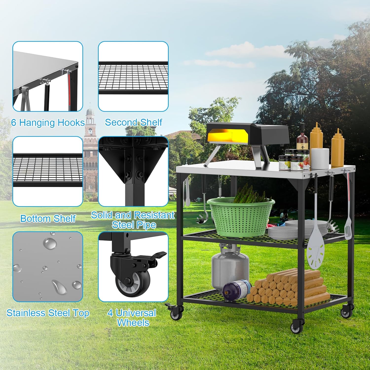 Outdoor Grill Cart 31x24x35 Pizza Oven Table for Ooni Blackstone Ninja Woodfire Flat-top Grills Stainless Steel Trolley Three-Shelf Movable Food Prep and Work Stand Table with Waterproof Cover
