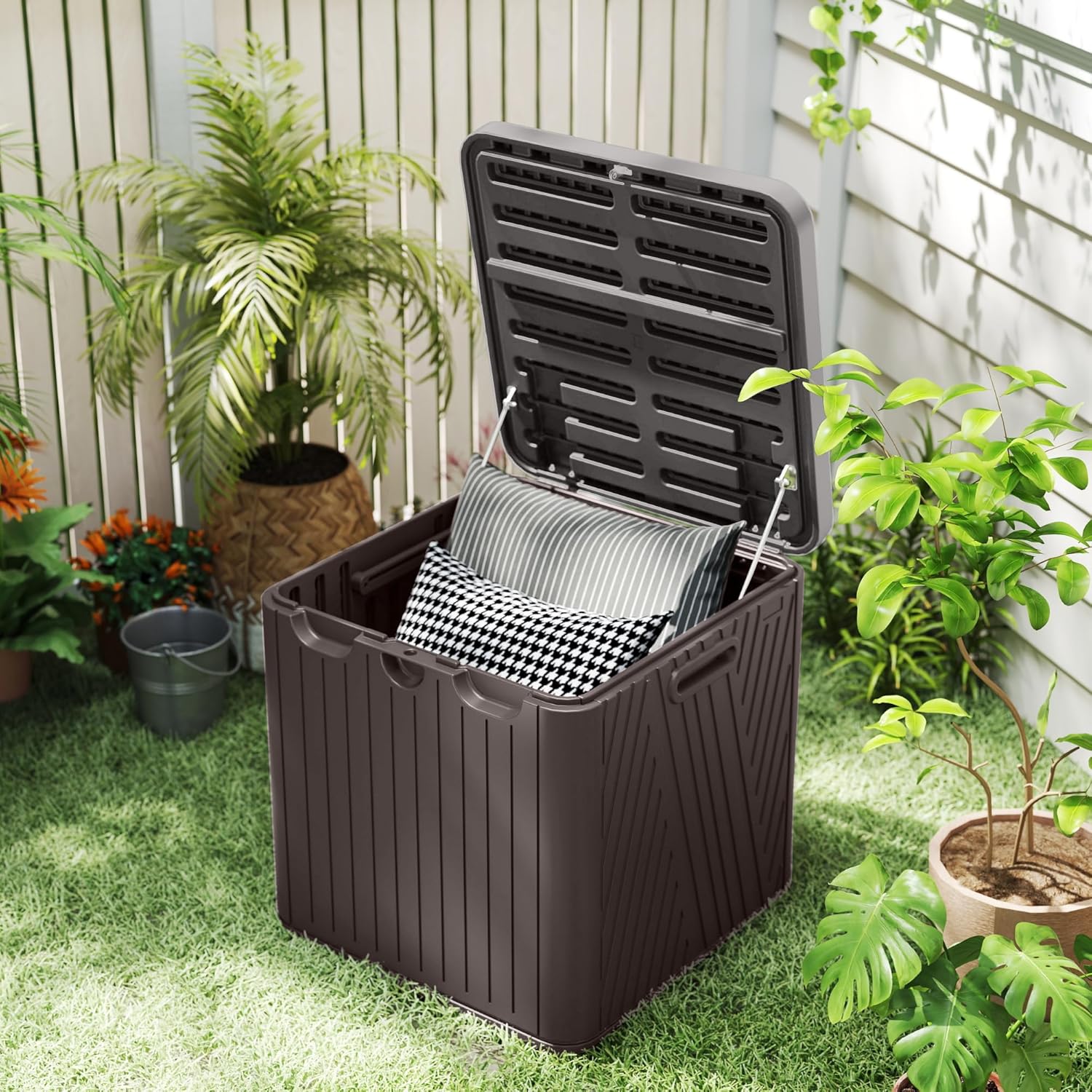 Kingdura 60 Gallon Outdoor Storage Box, Waterproof Resin Deck Box for Indoor and Outdoor Use, Lockable Storage Container for Patio Furniture Cushions Garden Tools (Coffee, 60 Gallon)