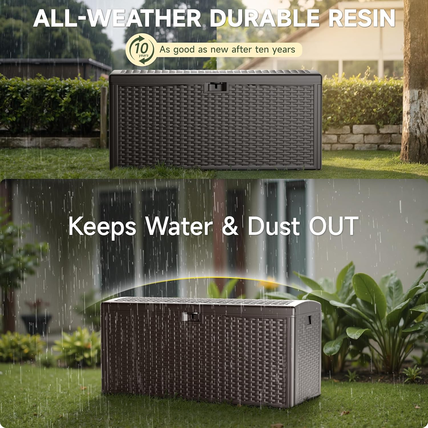 150 Gallon Deck Box, Double Layer Waterproof Resin Outdoor Indoor Storage Box, Lockable & UV Resistant Storage Bin for Patio Furniture, Garden Tools, Pool Accessories (Brown)