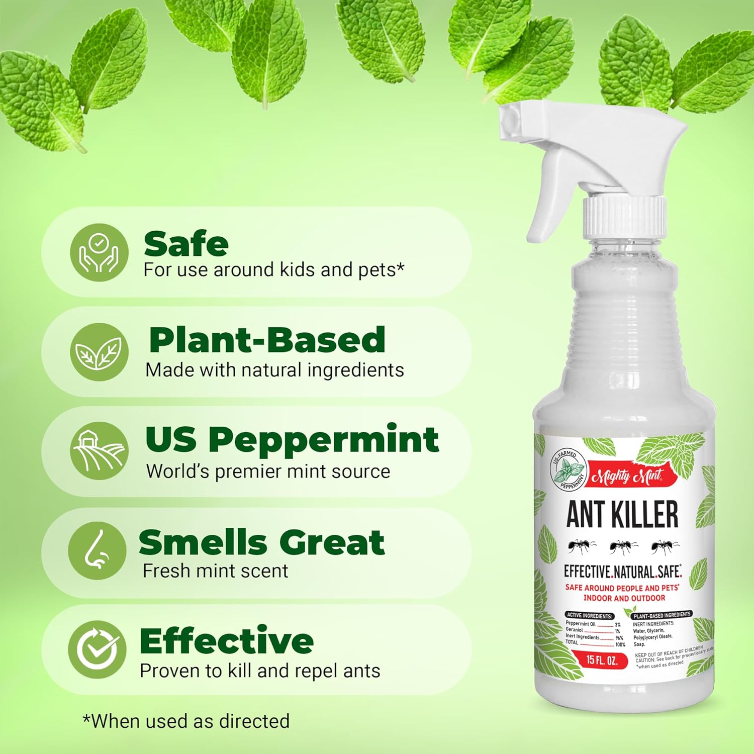 Mighty Mint Peppermint Oil Ant Killer Spray – Natural Ant Repellent for Indoor & Outdoor Use – Plant-Based Insect & Pest Control – 16 oz (Pack of 2)
