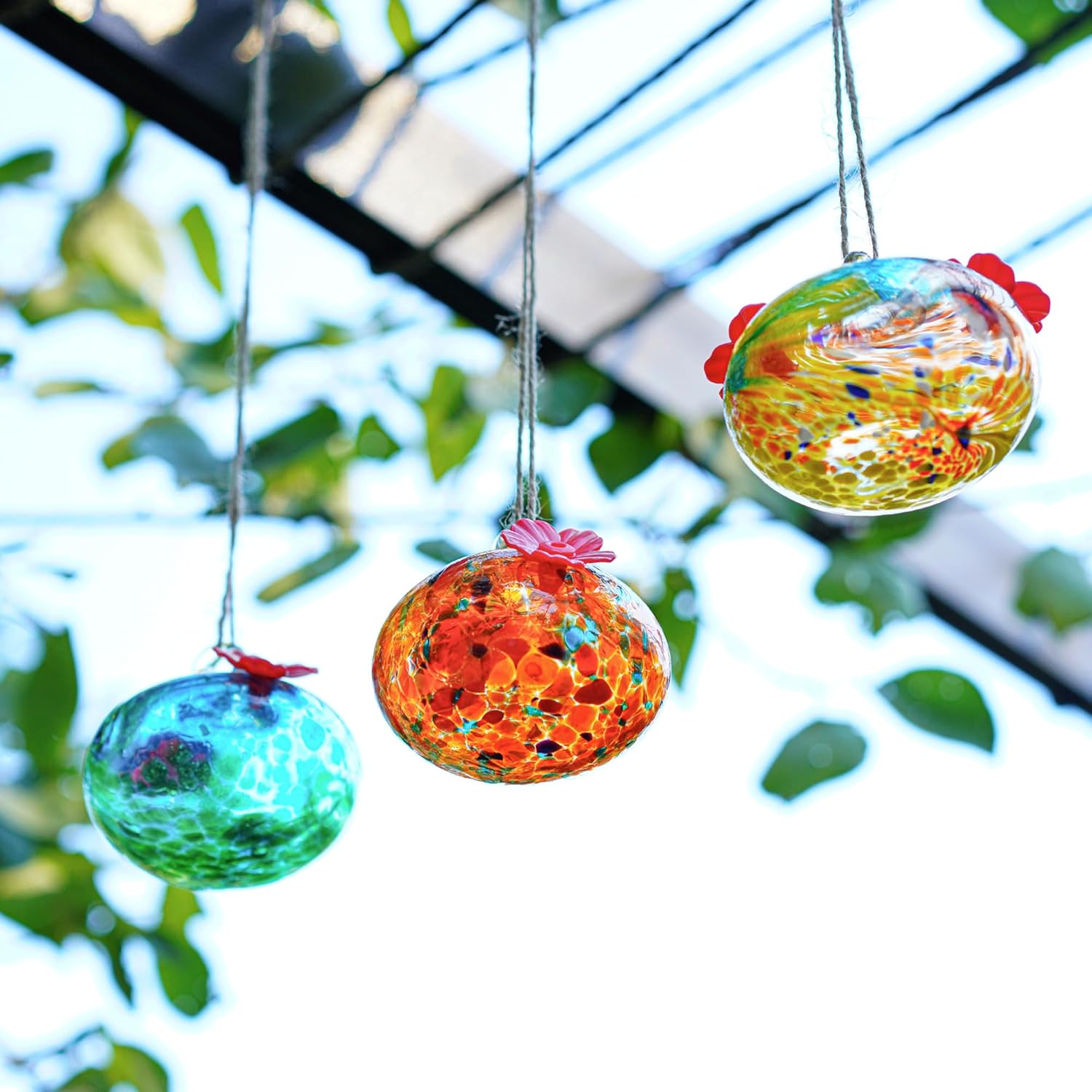 Set 3 Small Blown Glass Hummingbird Feeders for Outdoors Hanging with 2 Flower Feeding Ports Glass Humming Bird Feeders Garden Decor for Outside