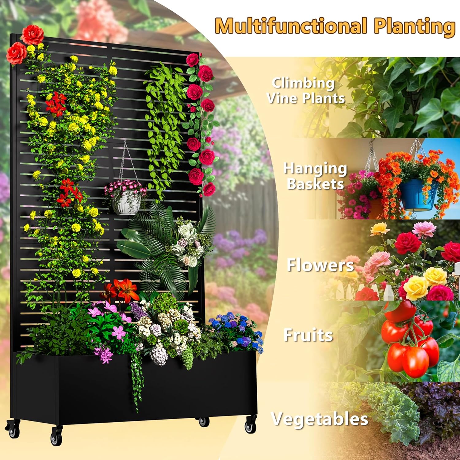 Metal Planter Box with Trellis, 72"x47"x16" Outdoor Galvanized Raised Garden Bed with Privacy Screen & Drainage Holes & Lockable Casters for Climbing Plants, Vegetable, Vines (Black-Louvered)