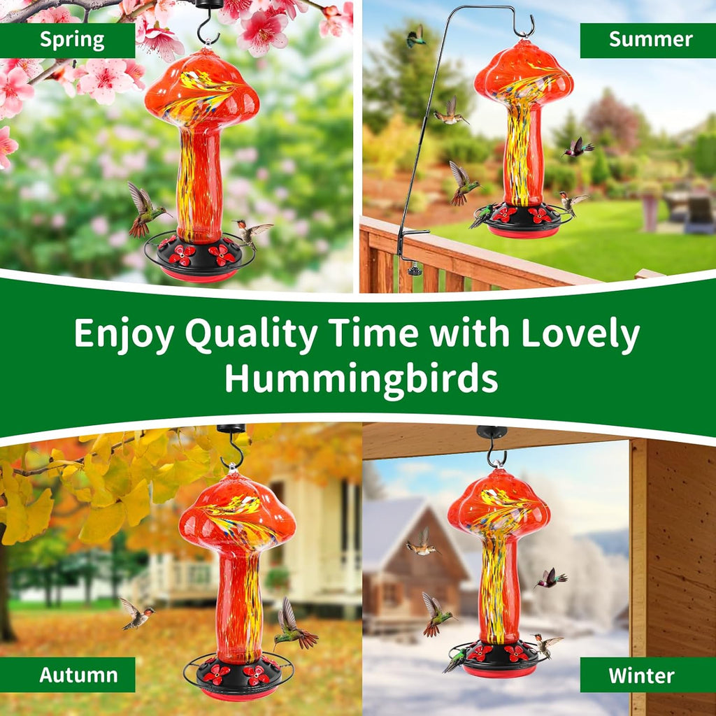 45 Ounce Hummingbird Feeders for Outdoors Hanging Ant and Bee Proof, Unique Hand Blown Glass Hummingbird Nectar Feeder, Gifts for Garden Decor Backyard, Red Feather
