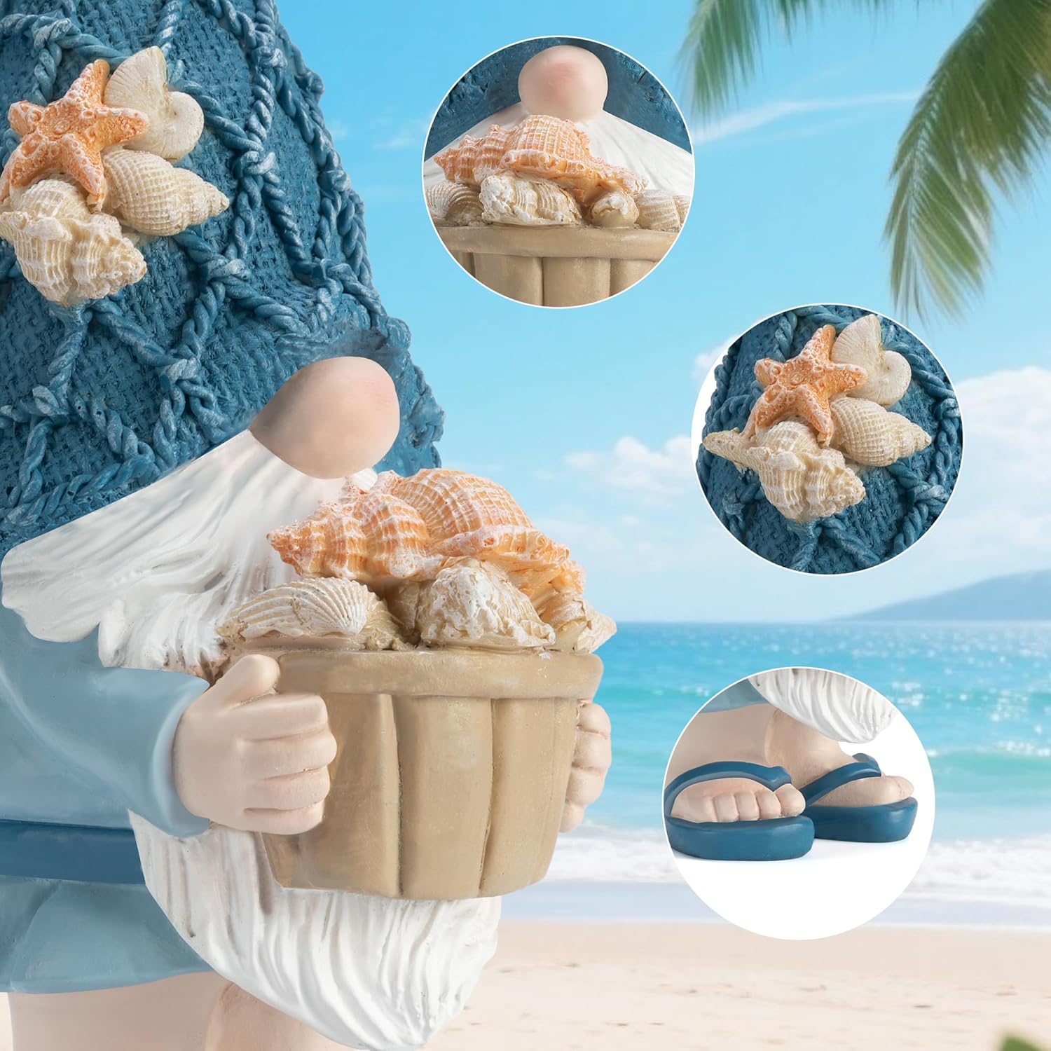 Garden Sea Gnome Statue Decoration Indoor Outdoor Resin Beach Gnome Sculpture for Home Office Desktop Bathroom, Summer Pool Decoration Outdoor Gifts (Conch)